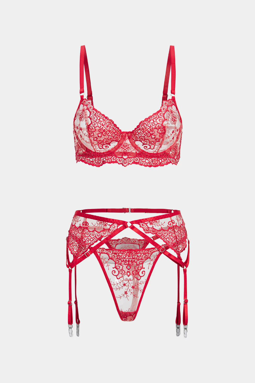Embroidery Sheer Underwire Lingerie Garter Set - Weenar