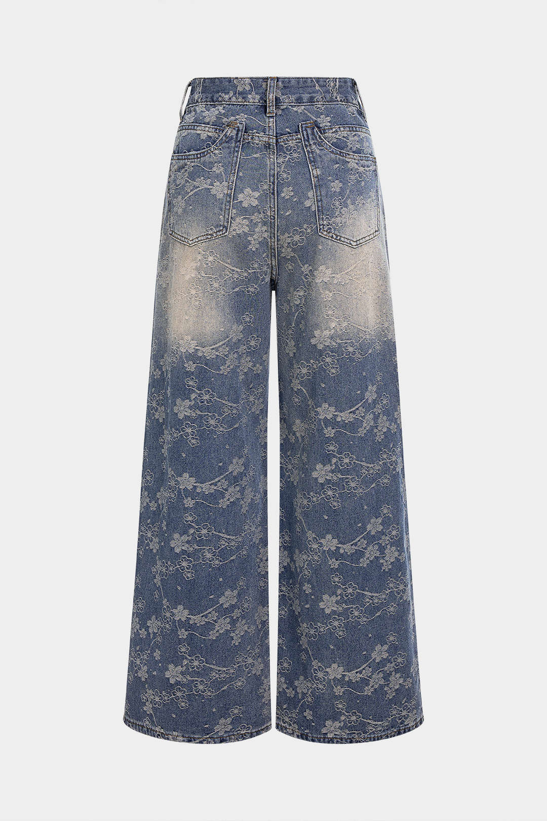 Denim Floral Print Rhinestone Pocket Straight Leg Jeans - Weenar