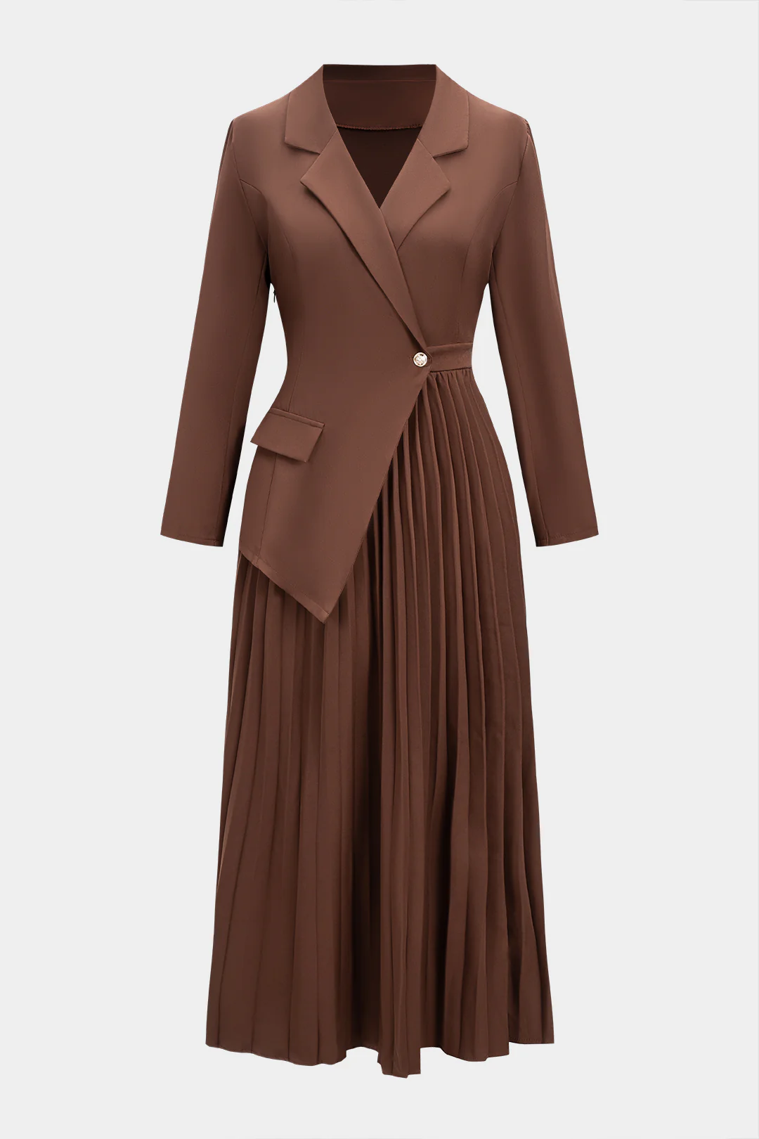 Notched Lapel Pleated Asymmetrical Long-Sleeve Maxi Dress - Weenar