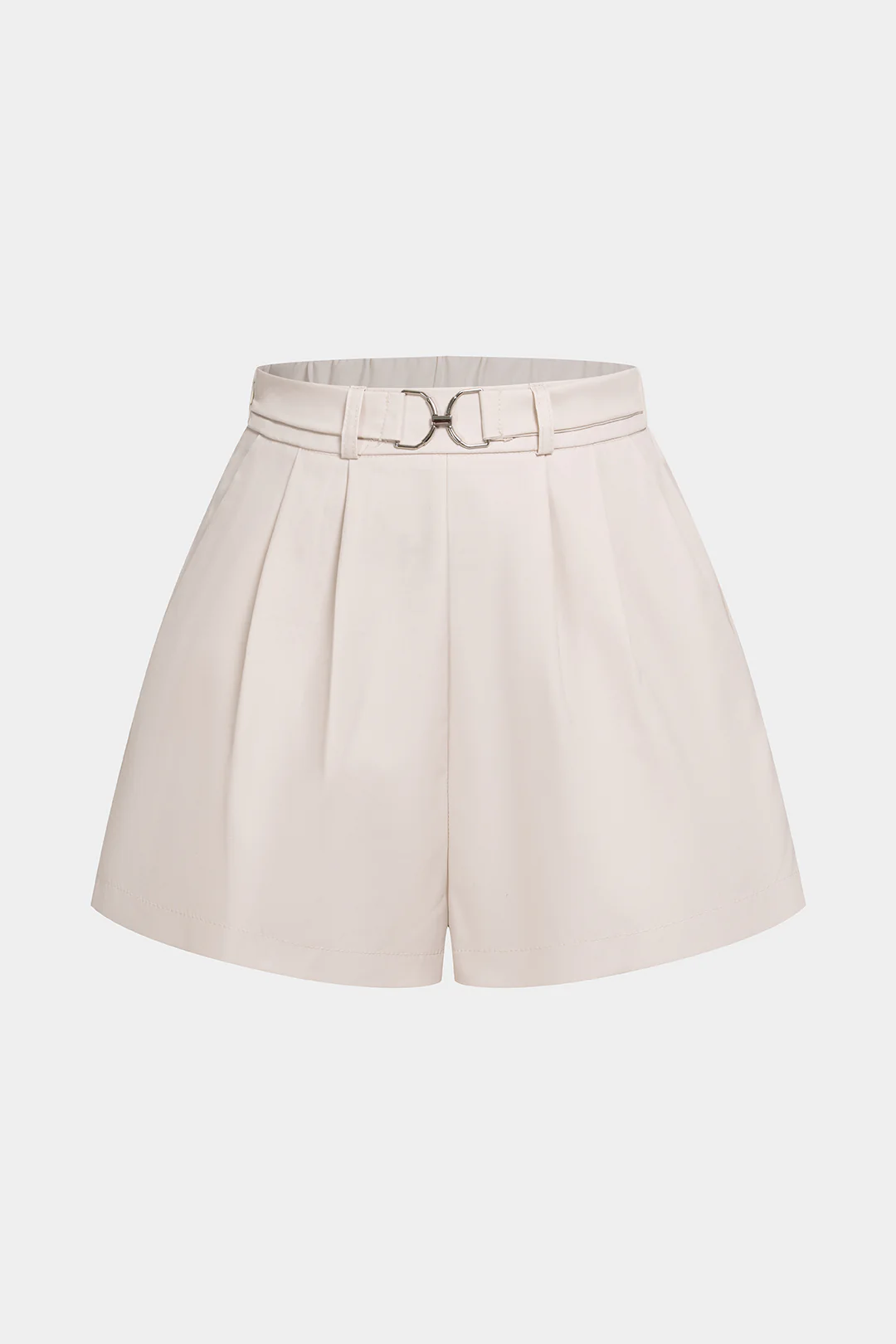 Solid Pleated Buckle High Waist Shorts - Weenar