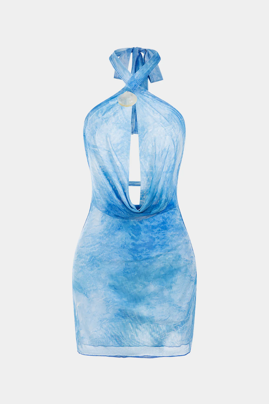Tie Dye Print Mesh Halter Draped Cowl Neck Cut Out Backless Sleeveless Mini Dress - Weenar