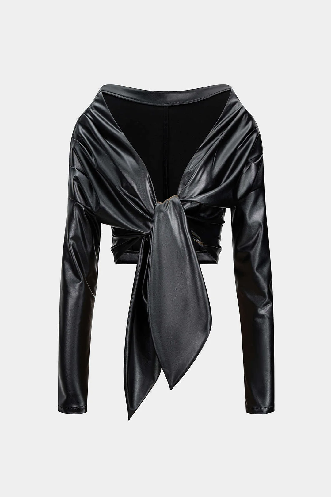 Faux Leather Tie Front Ruched Long-Sleeve Shirt - Weenar