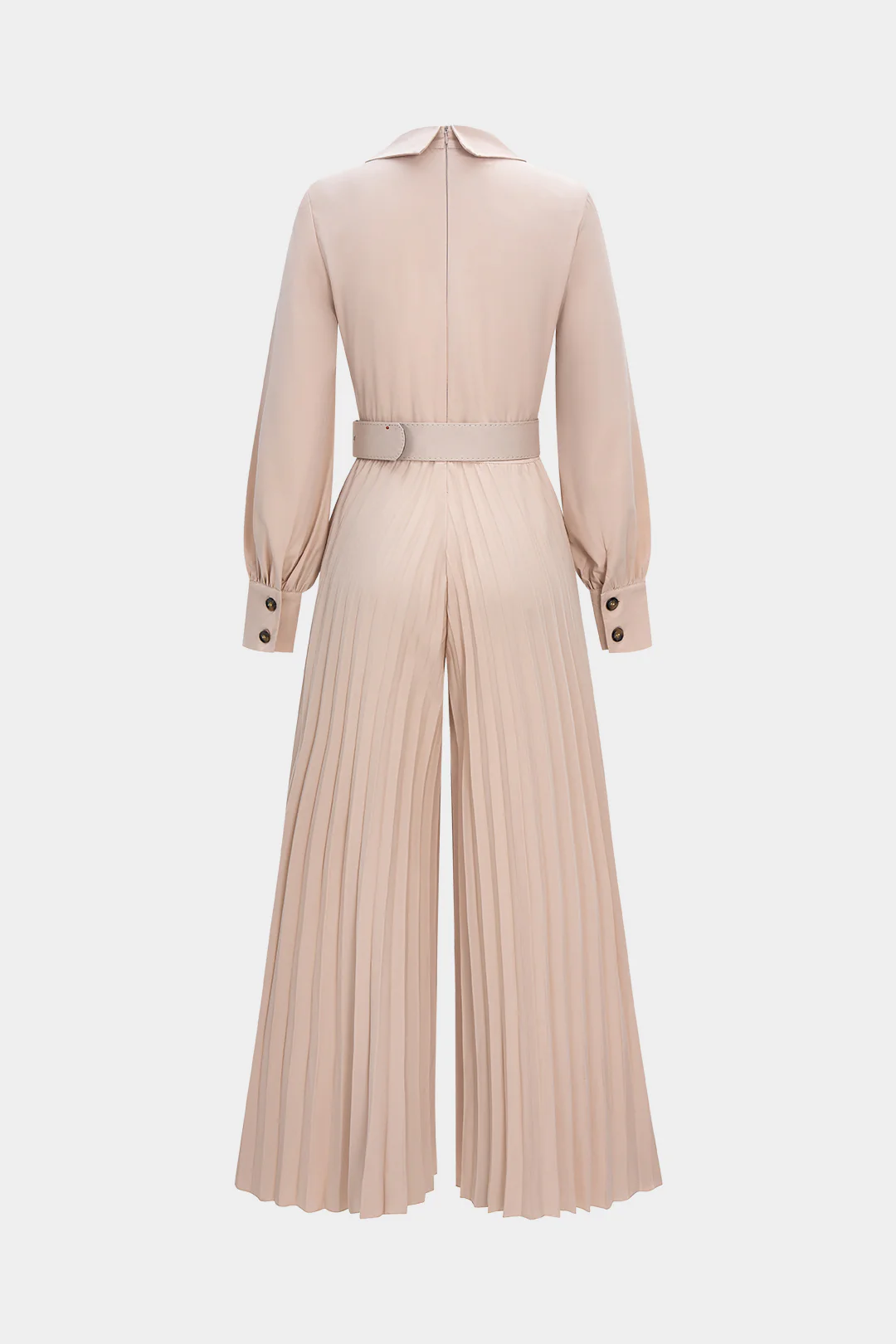 Pleated Belted Wide Leg Long Sleeve Jumpsuit - Weenar