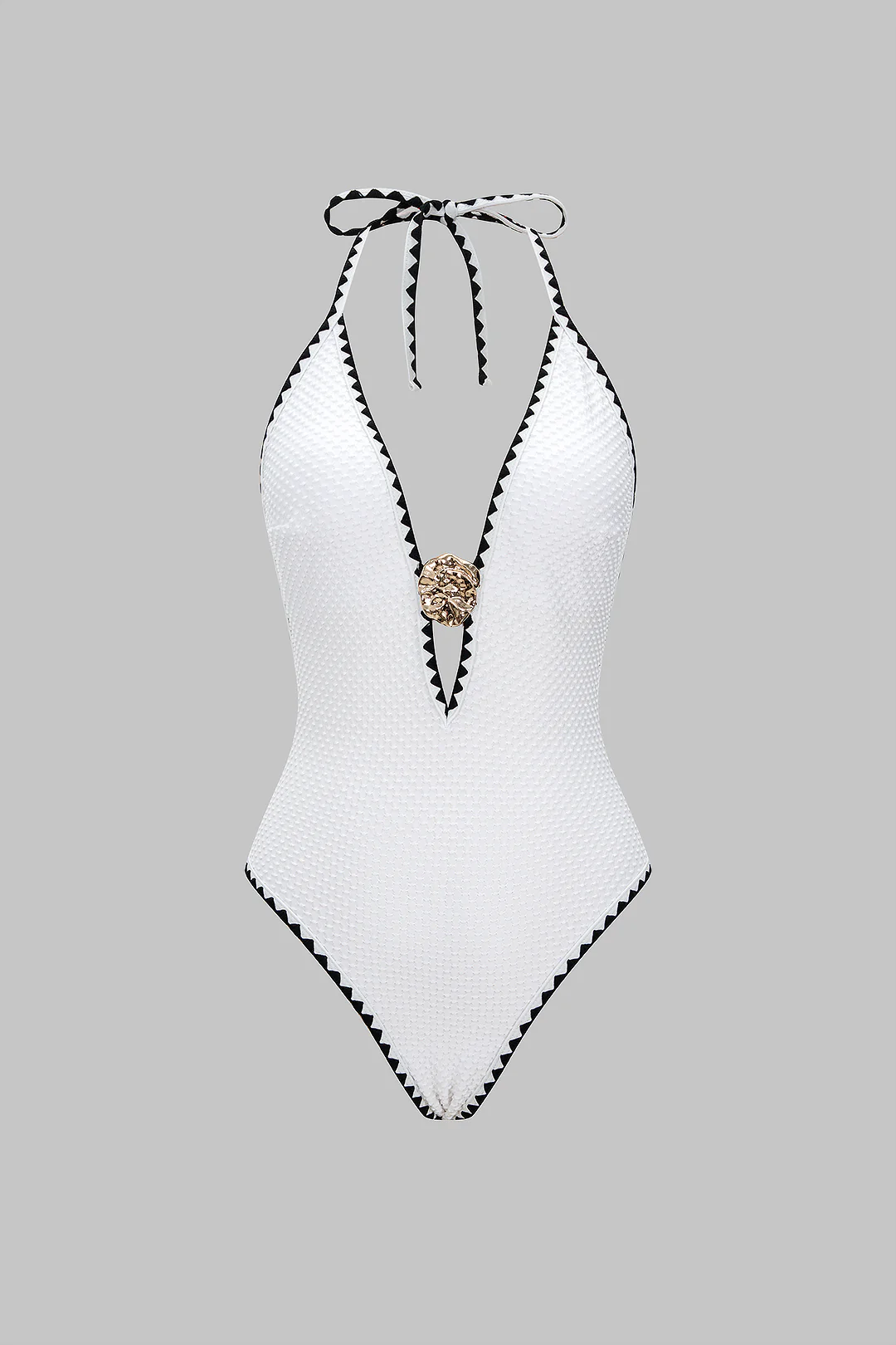 Metallic Decor Halter Neck Tie-Back One-Piece Swimsuit - Weenar