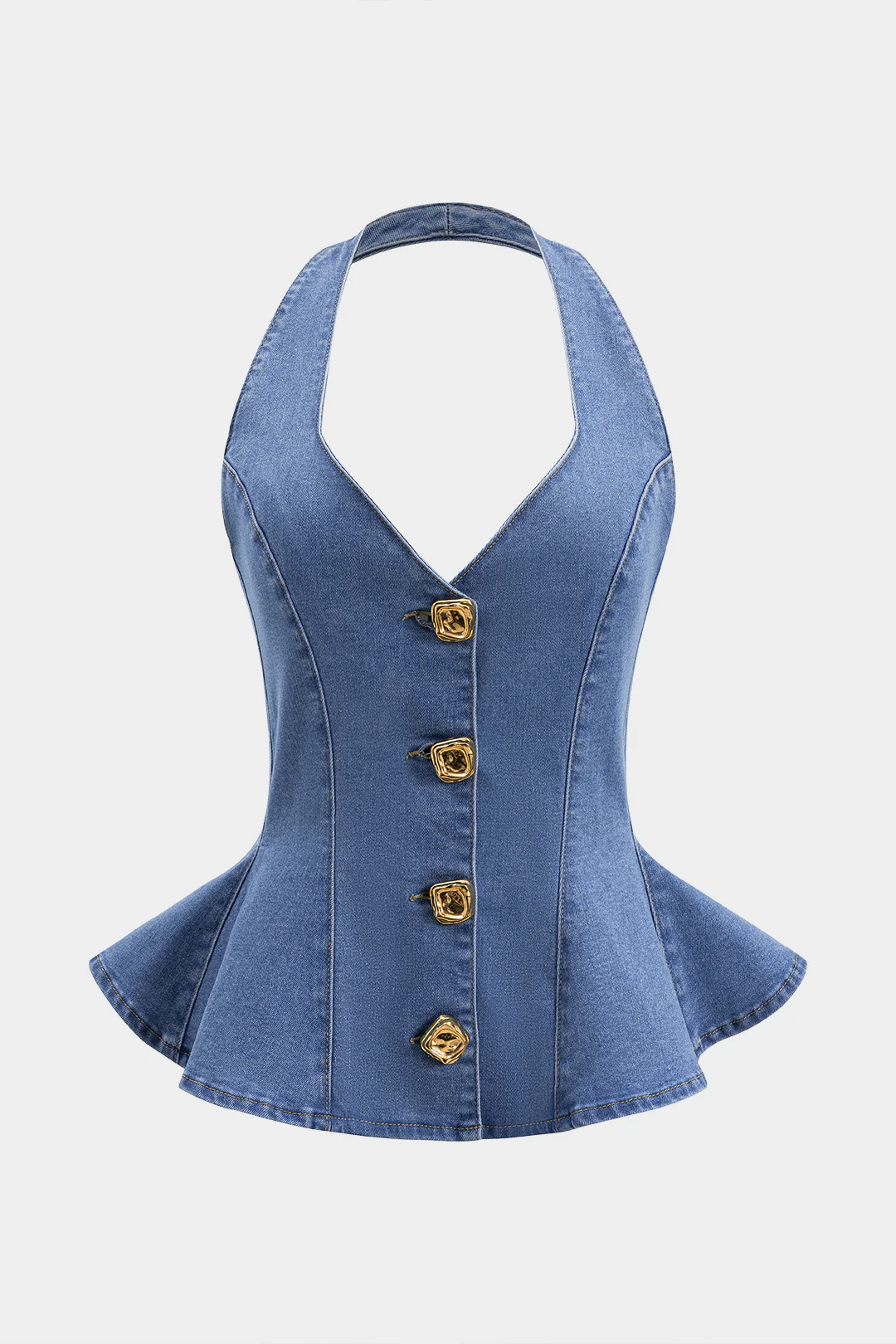Denim Ruched Button Backless Crop Top - Weenar