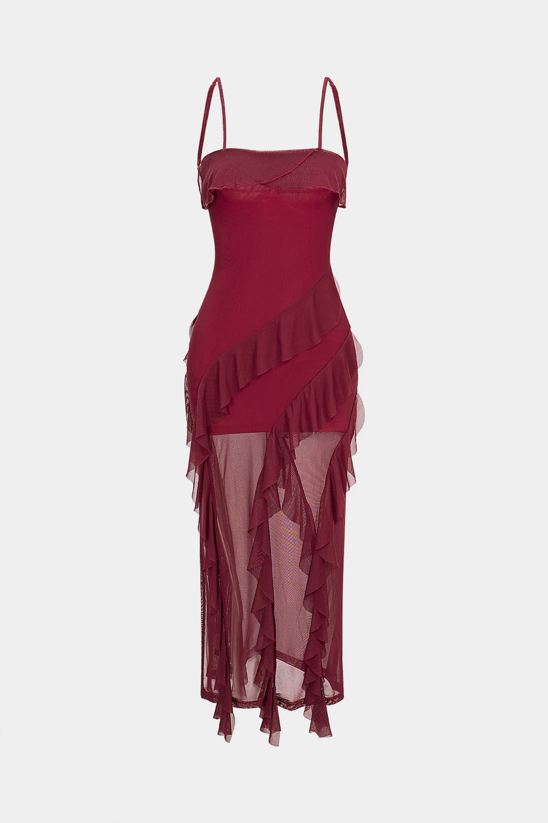Mesh Patchwork Asymmetrical Ruffle Tie Back Sleeveless Maxi Dress - Weenar