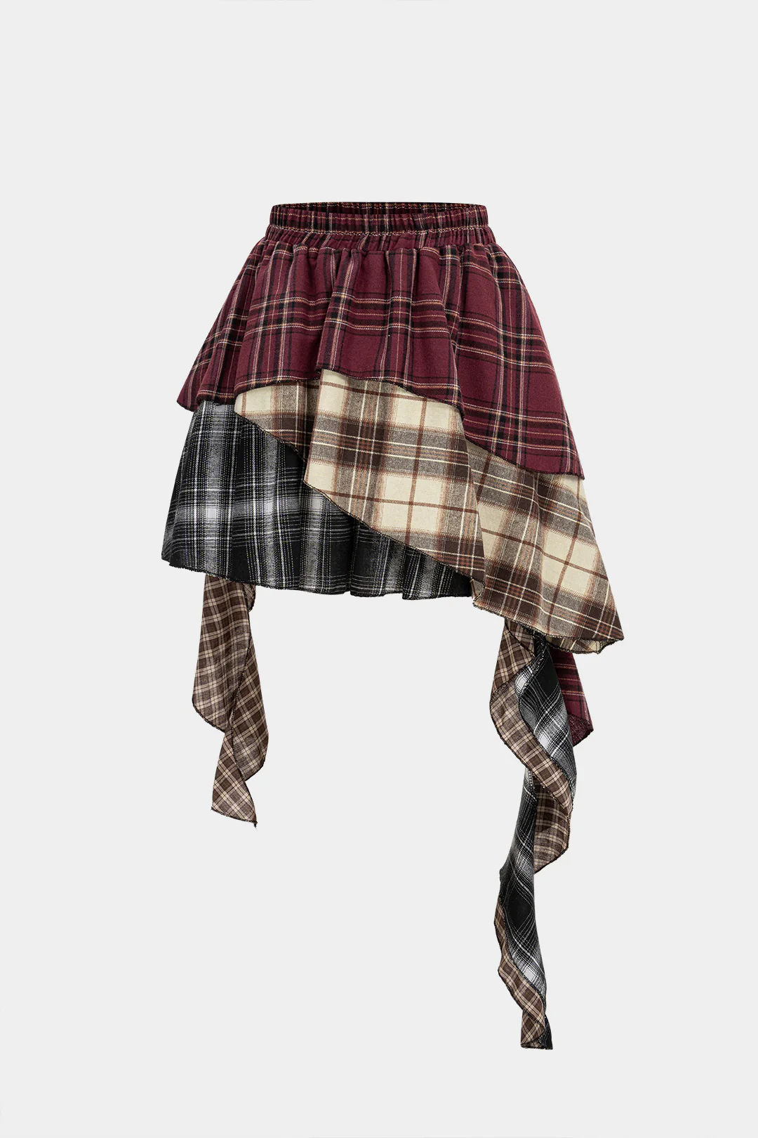 Contrast Plaid Print Asymmetrical Layer Skirt - Weenar