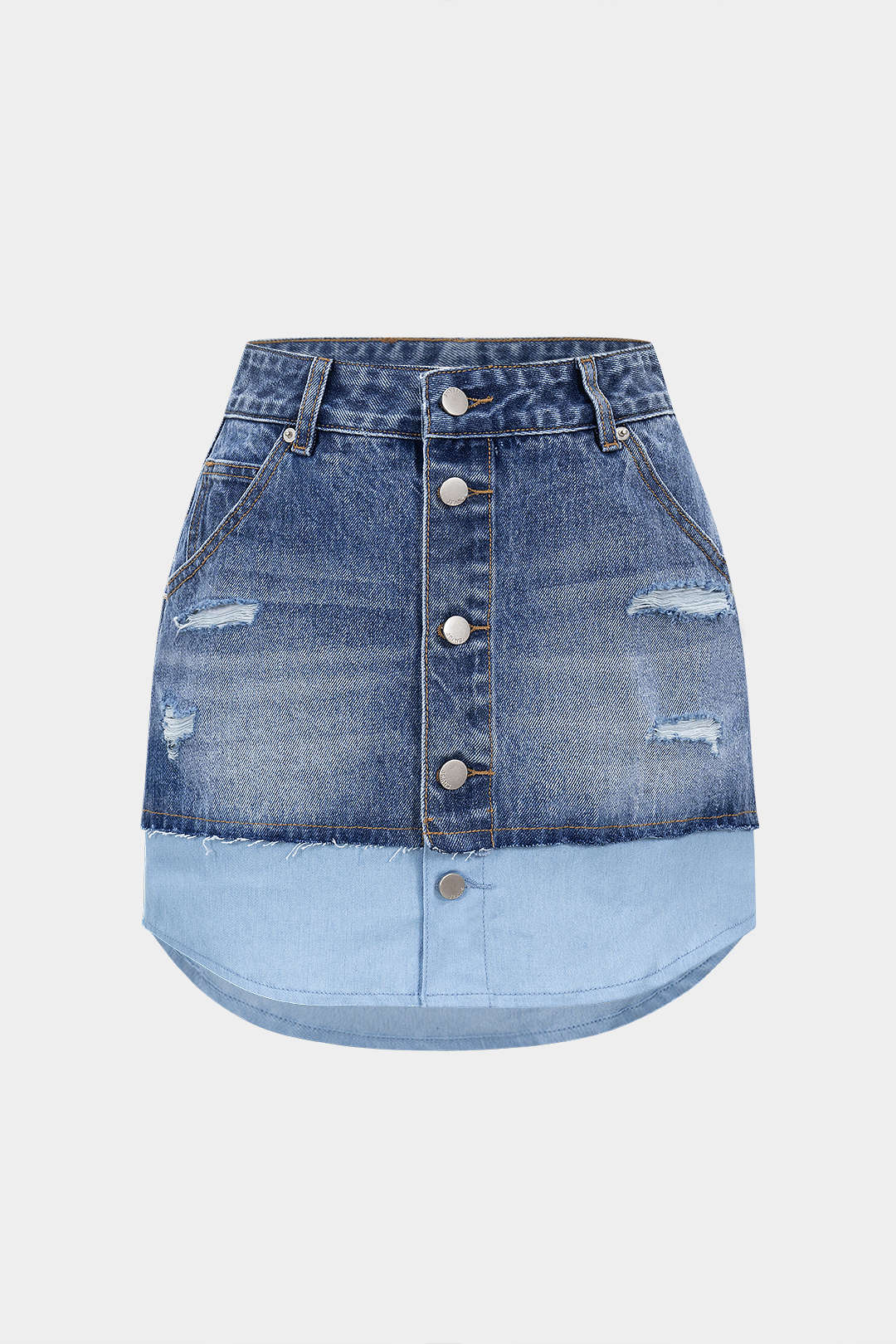 Denim Buttons Washed Ripped Patchwork Skirt - Weenar