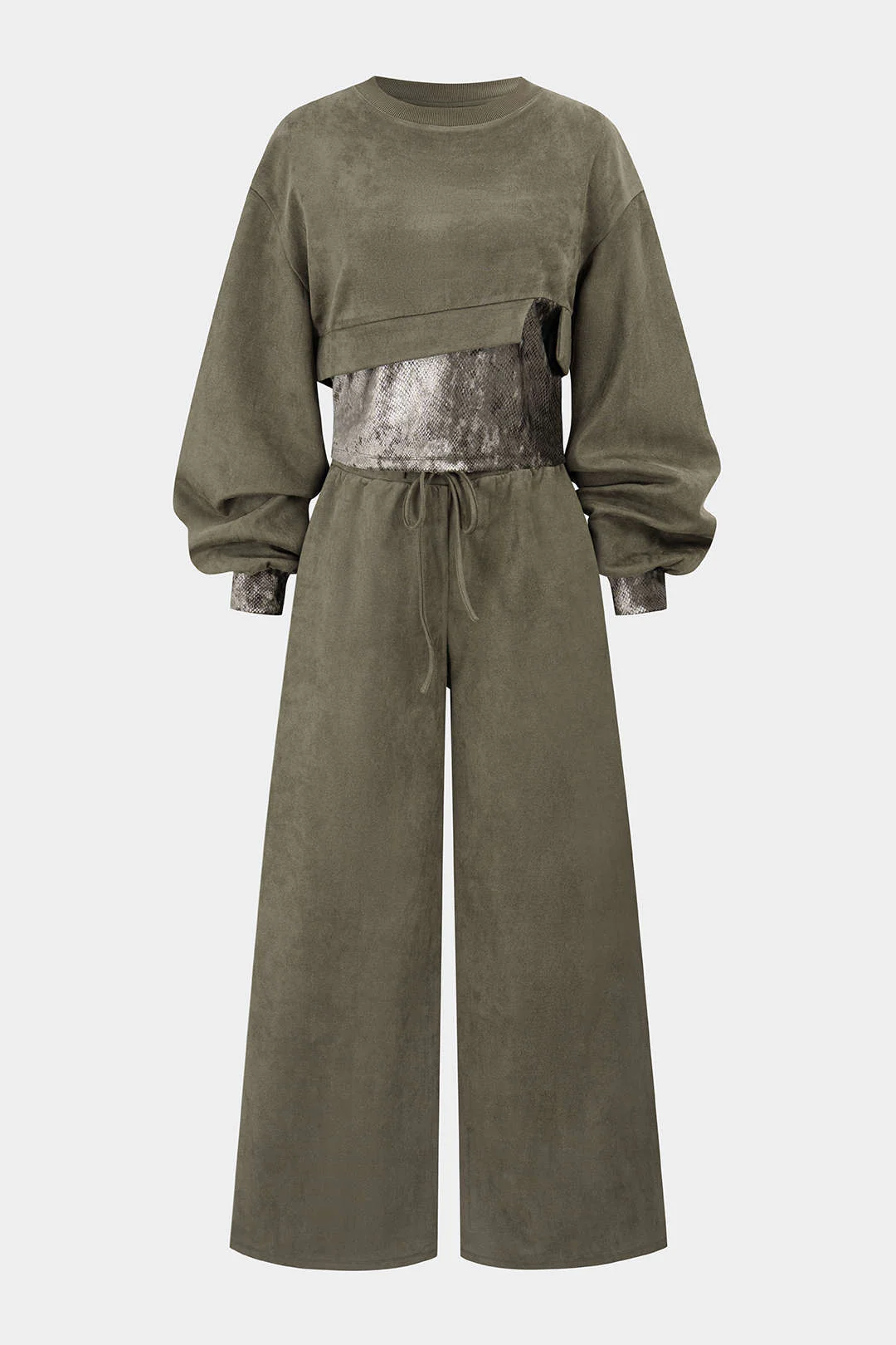 Snake Skin Print Suede Asymmetrical Sweatshirt And Drawstring Wide Leg Pants Set - Weenar