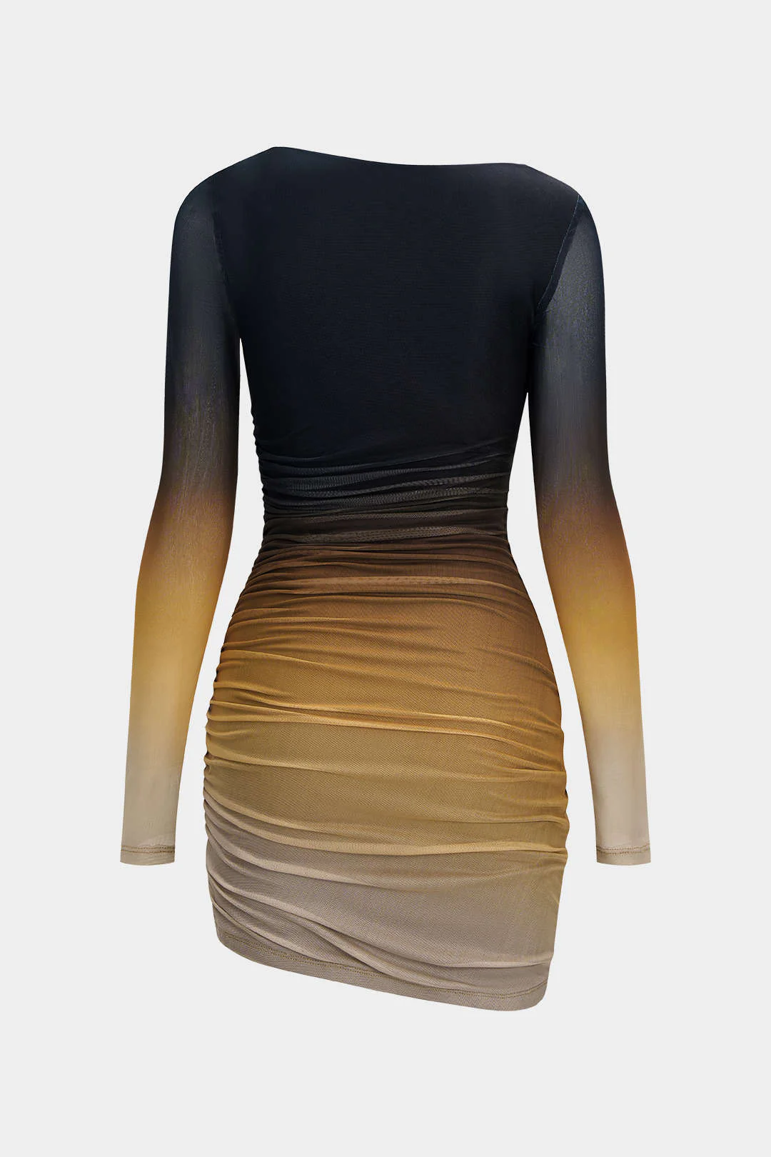 Mesh Colorblock Print Asymmetrical Ruched Long-Sleeve Mini Dress - Weenar
