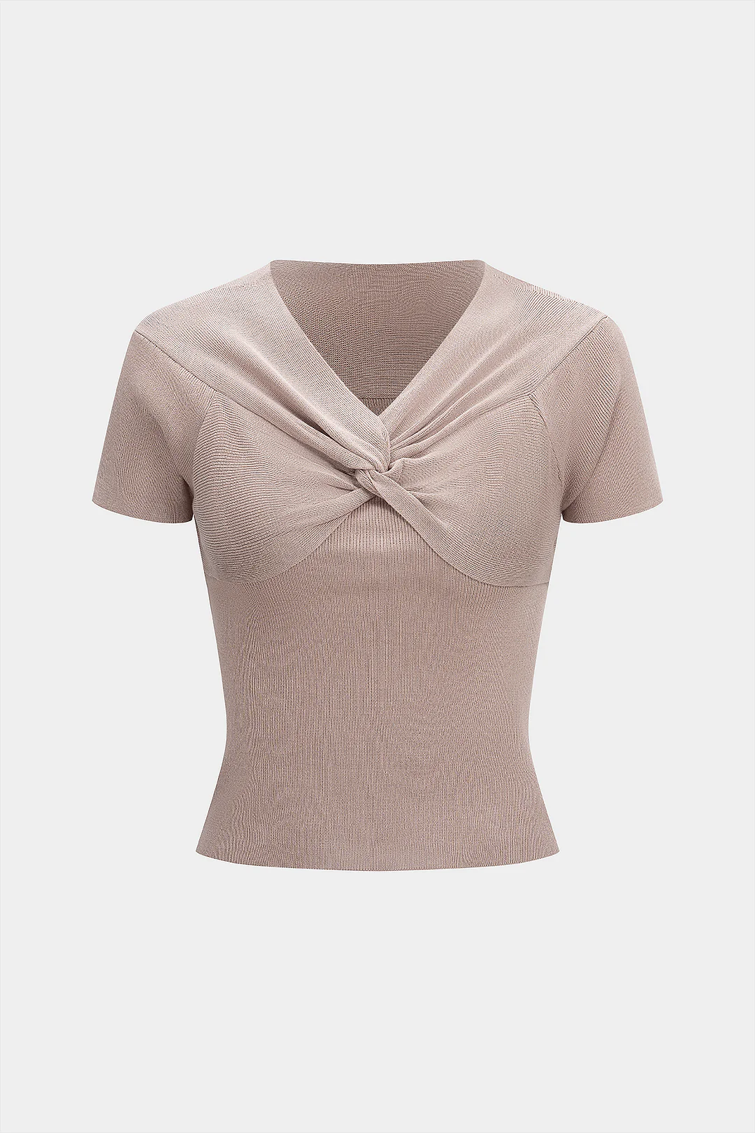 Knit V-Neck Twist Knot Ruched Short-Sleeve Top - Weenar