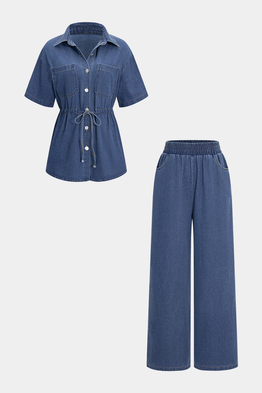 Denim Drawstring Buttons Top And Jeans Set - Weenar
