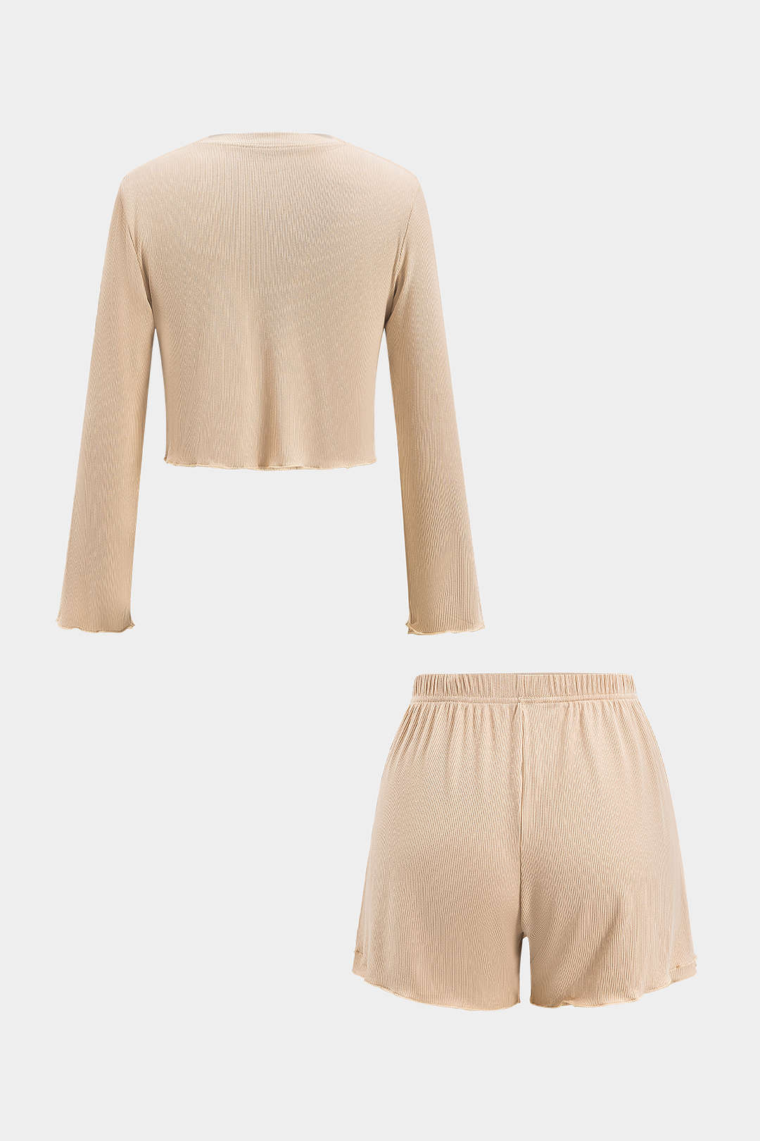 Solid Round Neck Long Sleeve Top And Shorts Set - Weenar