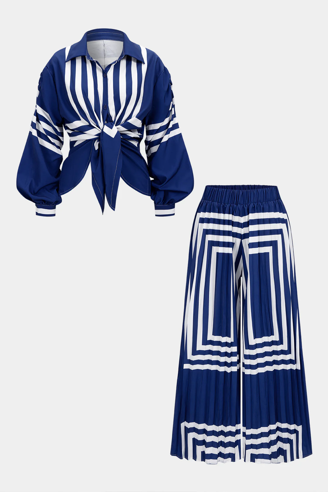 Plus Size Stripes Print Tie-Up Long-Sleeve Shirt And Pleated Wide Leg Pants Set - Weenar