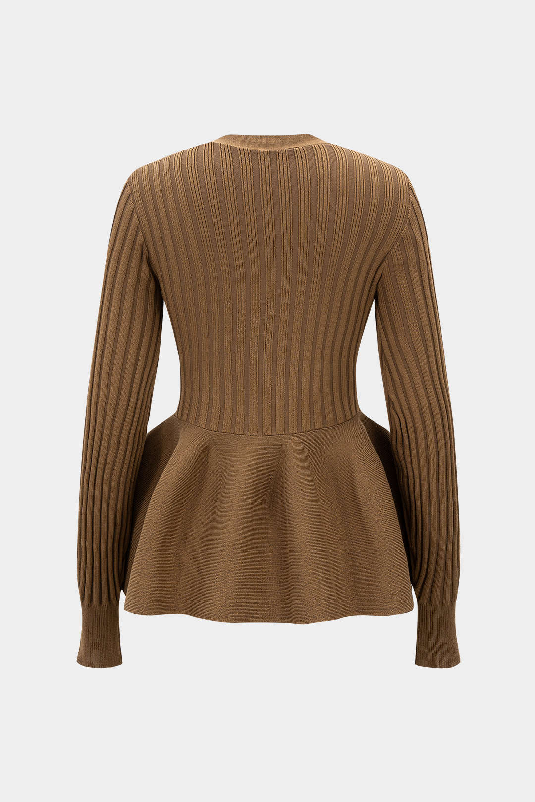 Knit V-Neck Puff Hem Ribbed Long-Sleeve Top - Weenar