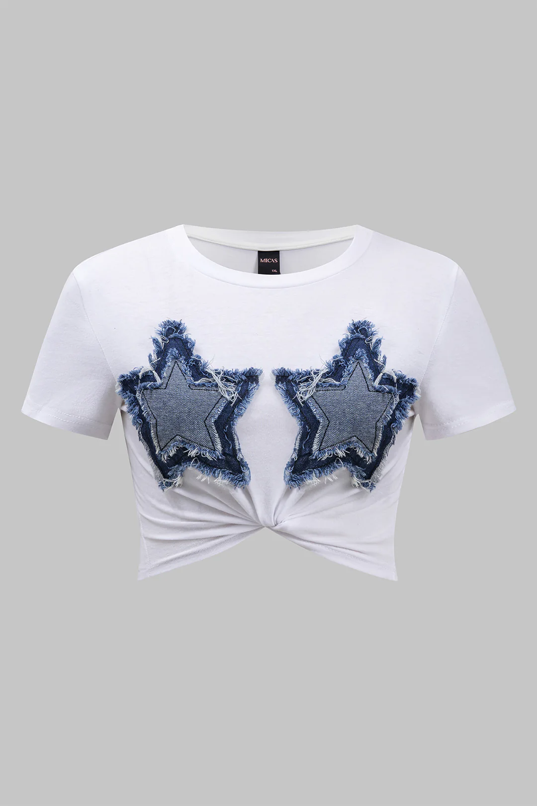 Plus Size Round Neck Denim Patchwork Short Sleeve T-Shirt - Weenar