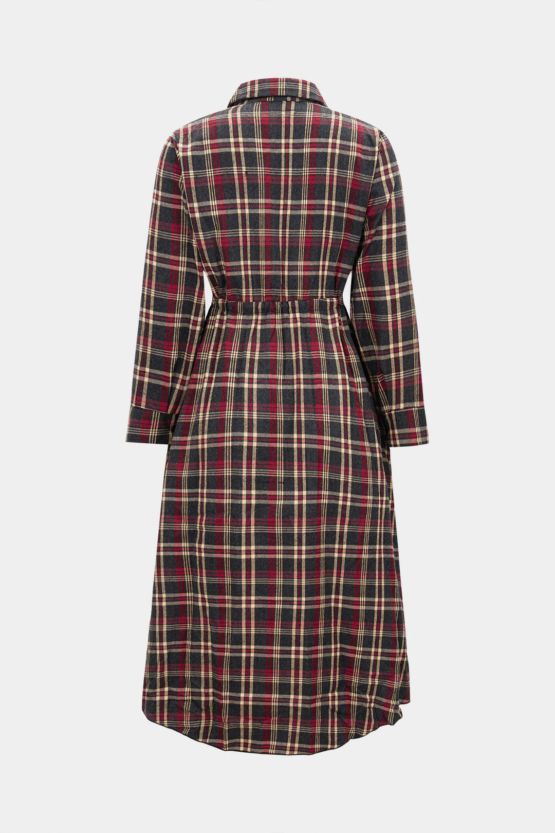 Plaid Print Button Drawstring Asymmetrical Long Sleeve Midi Dress - Weenar