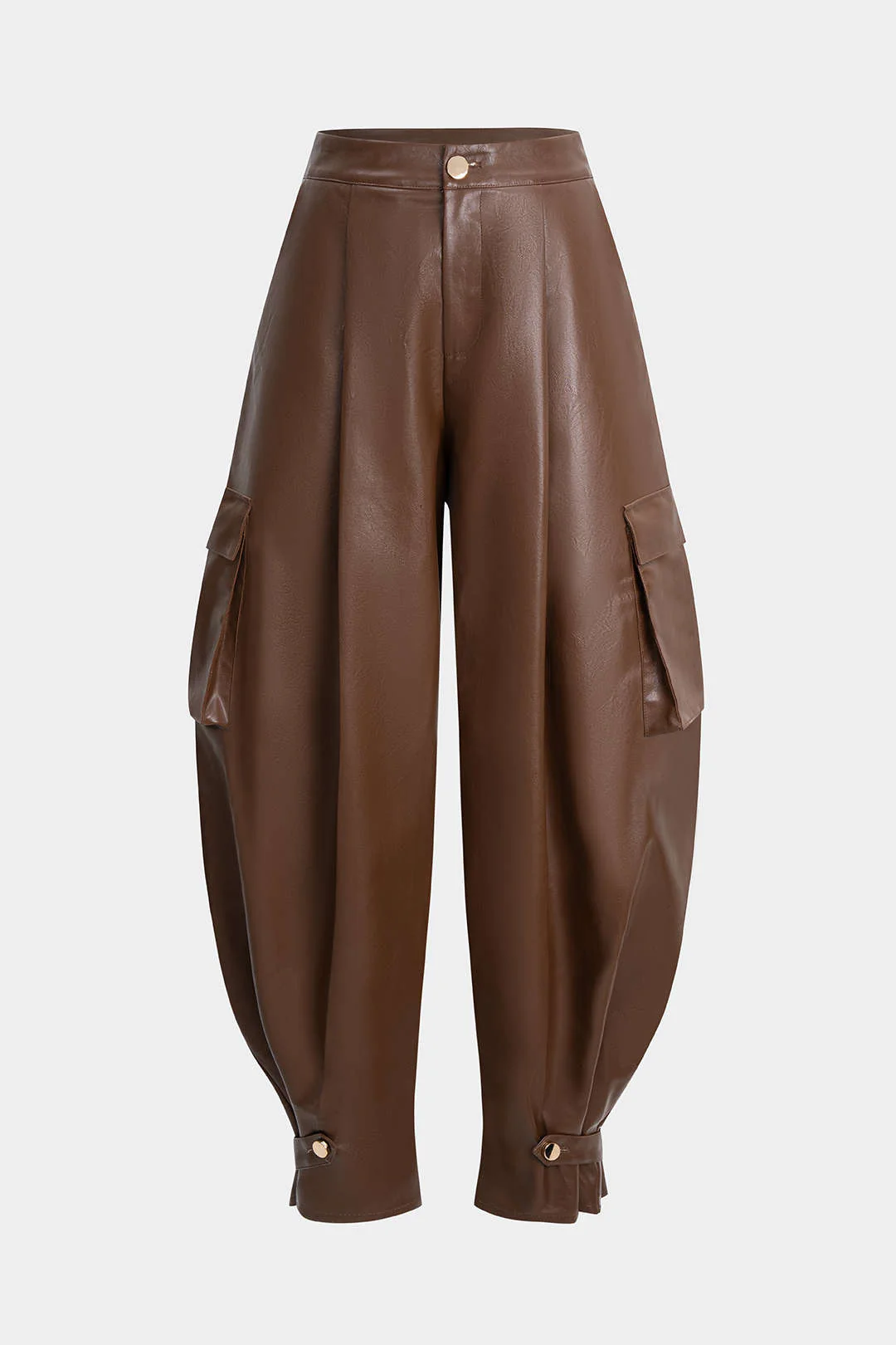 Faux Leather Ruched Pocket Wide Leg Pants - Weenar