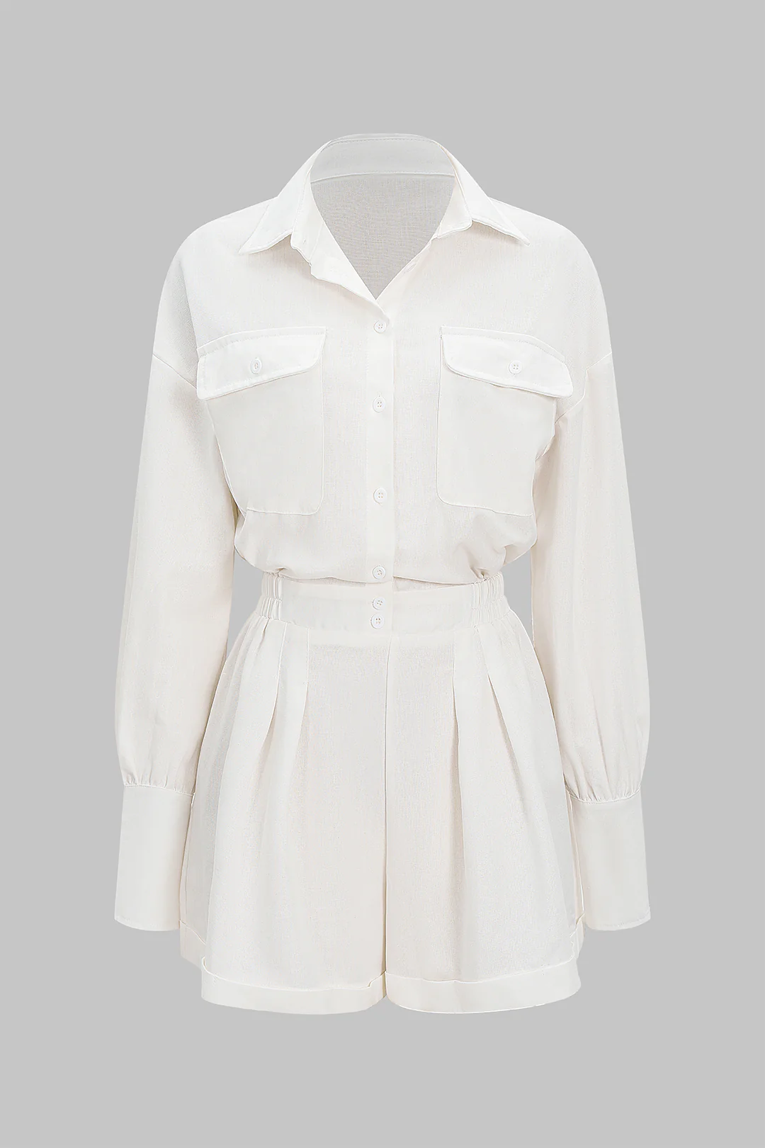 Solid Button Belted Ruched Long-Sleeve Romper - Weenar