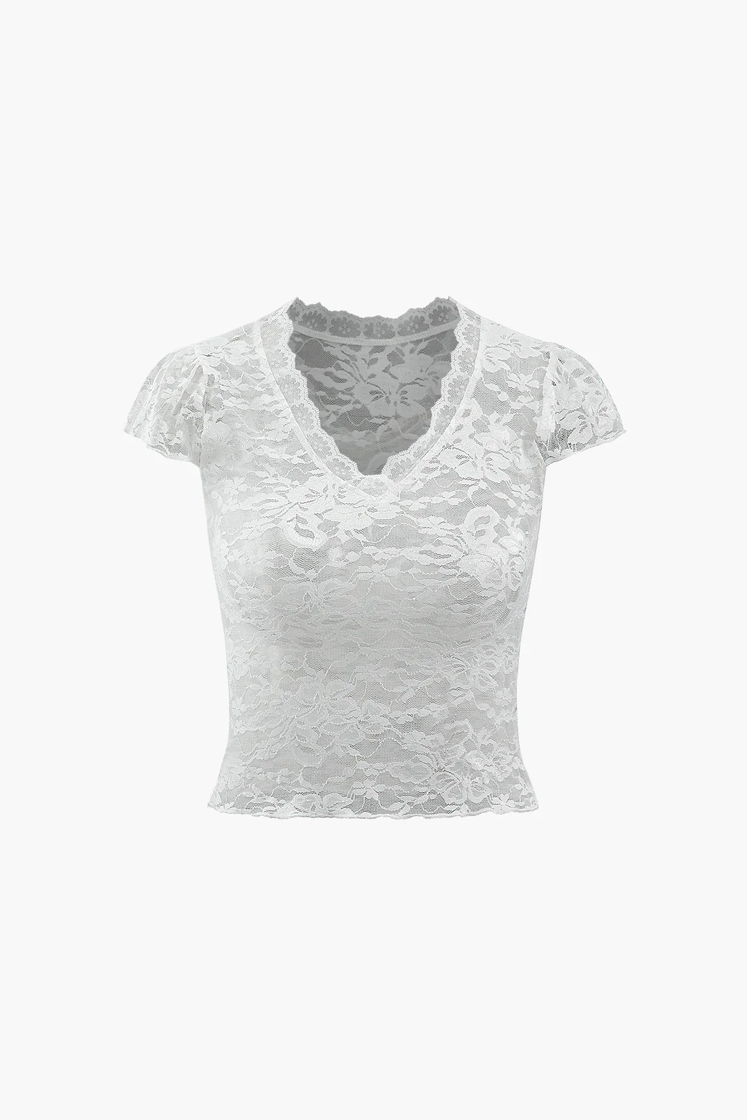 Lace V-Neck Short Sleeve T-Shirt - Weenar