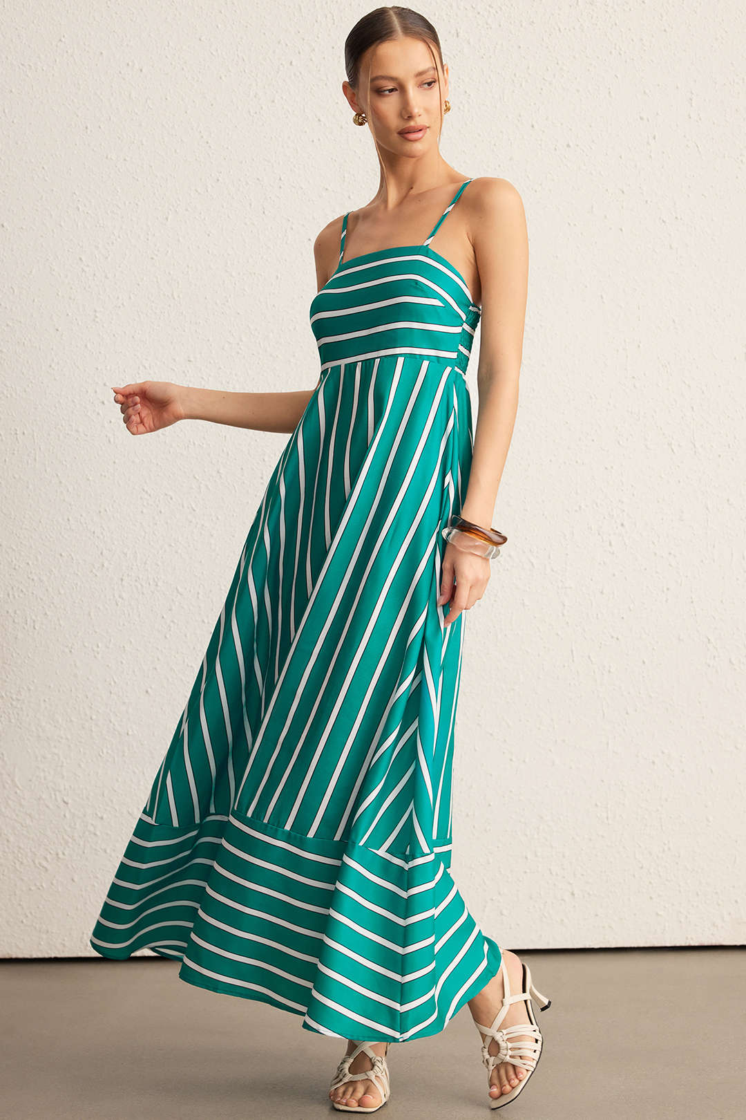 Stripes Print Backless Smocked Pocket Sleeveless Maxi Dress - Weenar