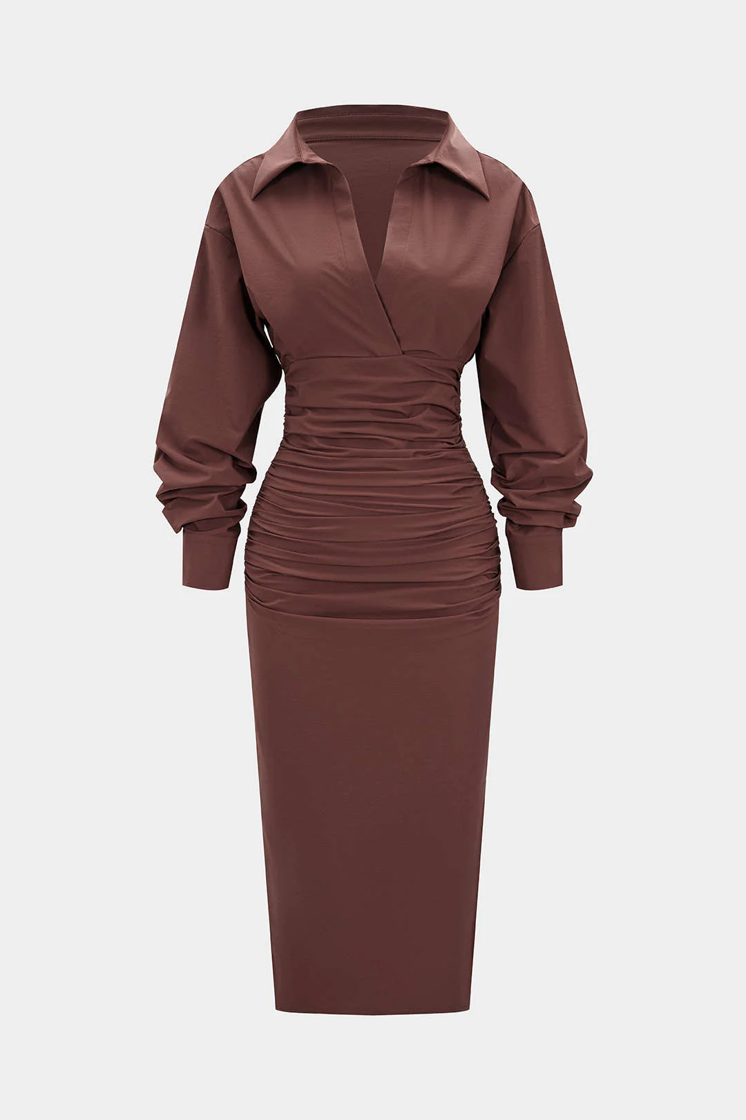Solid Ruched Long Sleeve Midi Dress - Weenar
