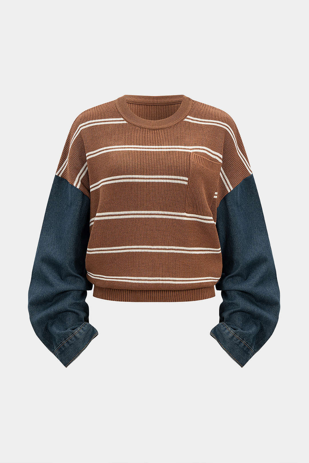 Knit Contrast Stripe Print Patchwork Long-Sleeve Top - Weenar