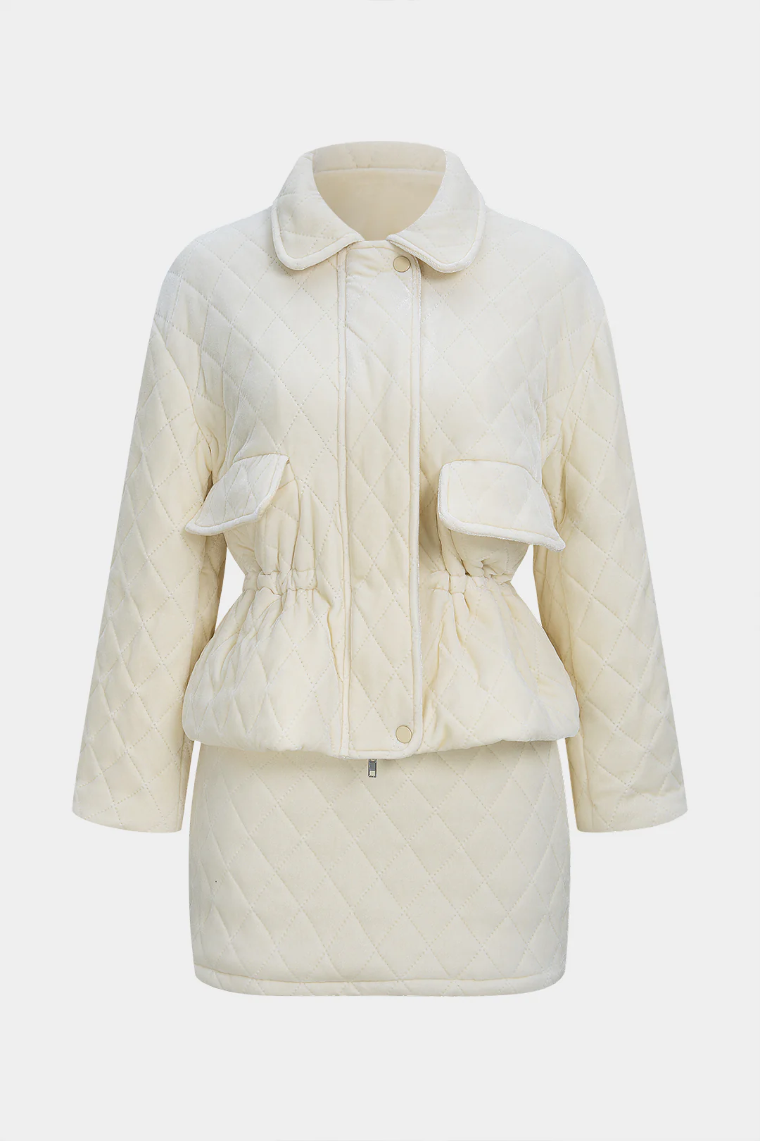 Quilted Velvet Zipper Jacket And Mini Skirt Set - Weenar