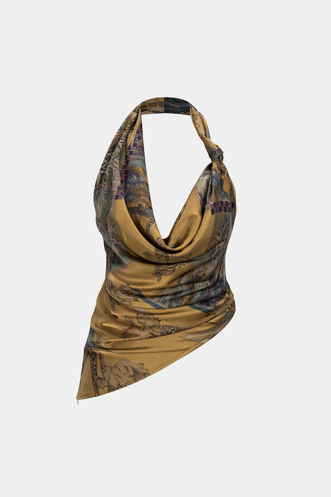 Retro Print Satin Halter Neck Draped Cowl Neck Cami Top - Weenar