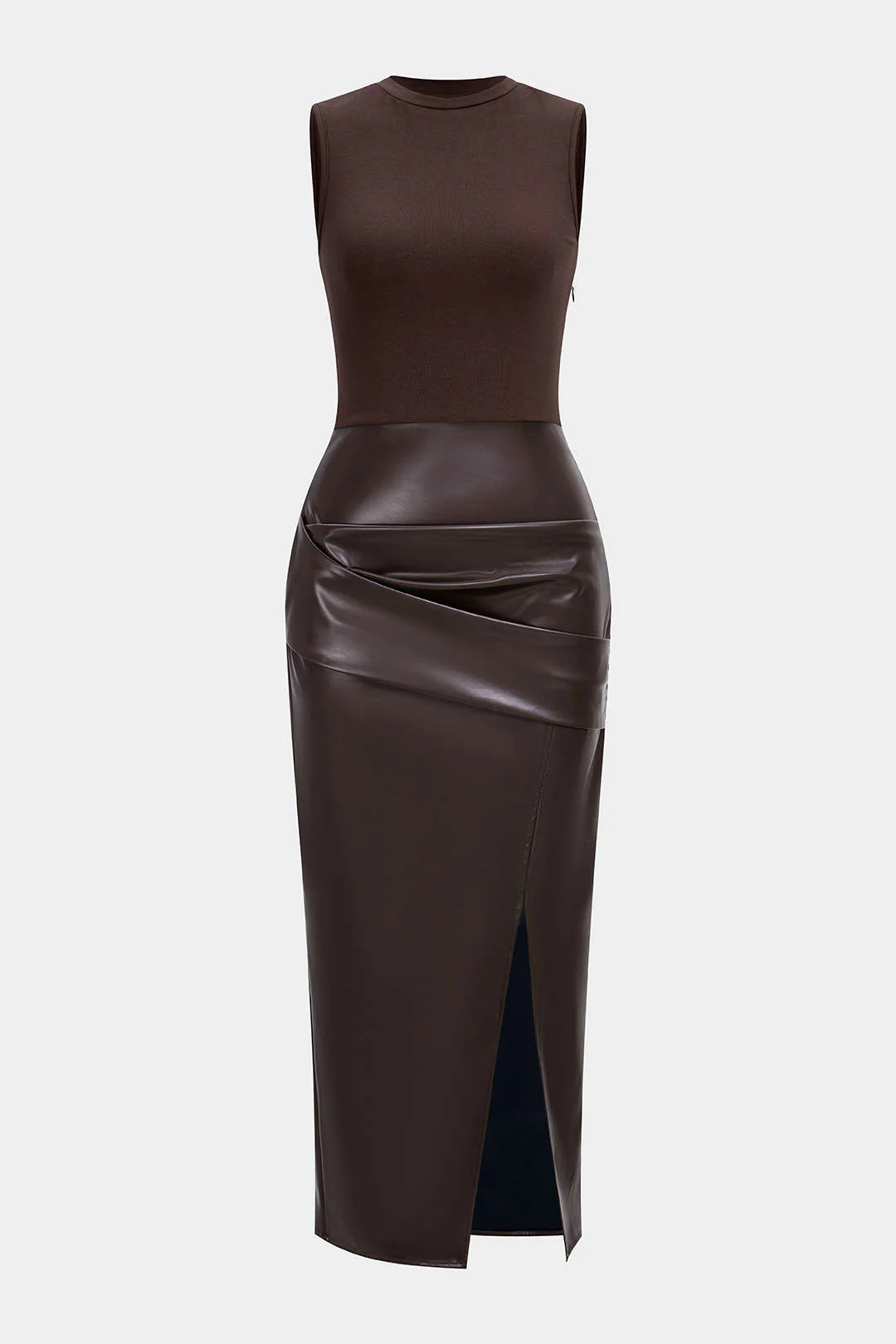 Faux Leather Patchwork Ruched Sleeveless Midi Dress - Weenar