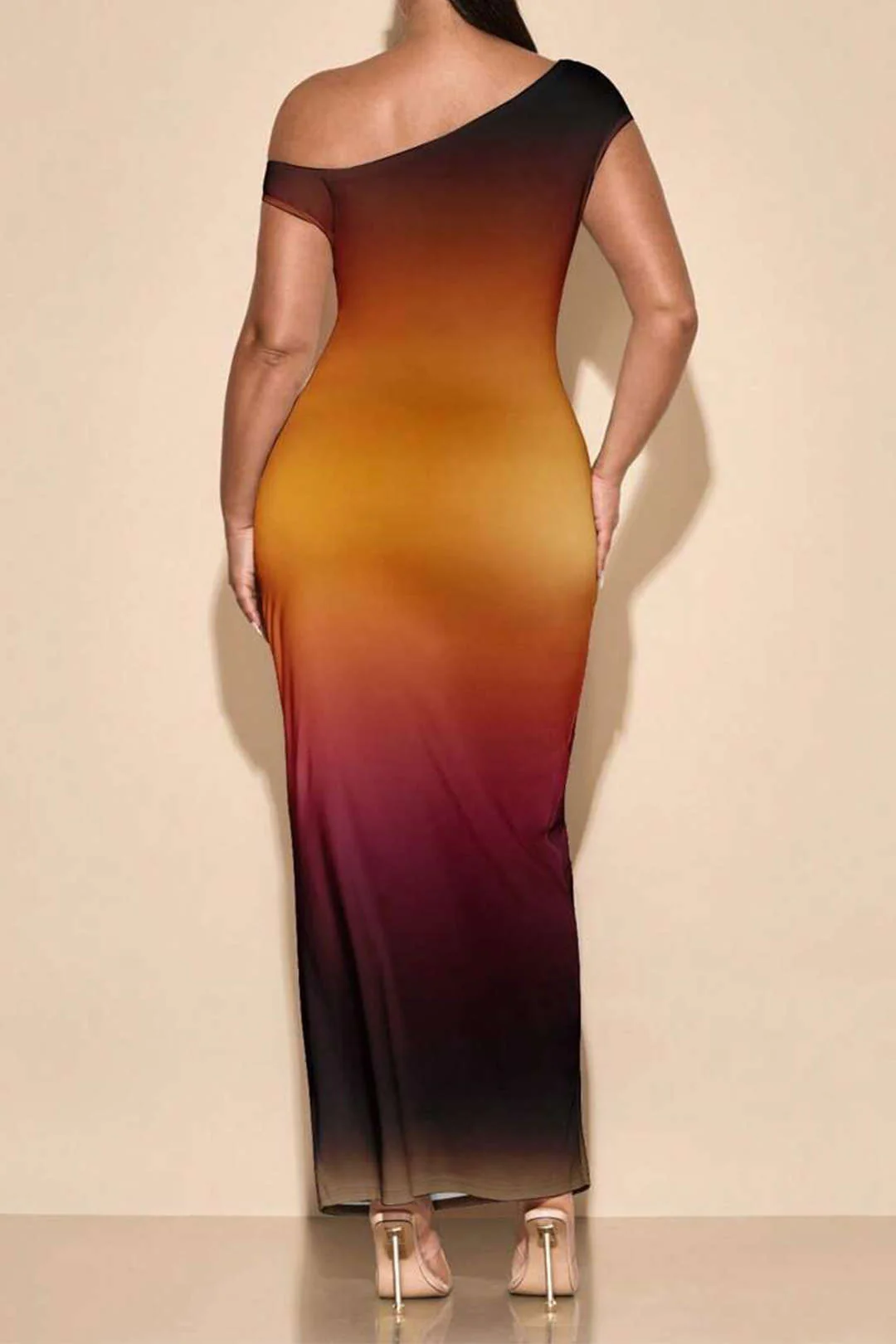 Plus Size Ombre Print Mesh Asymmetrical Sleeveless Maxi Dress - Weenar
