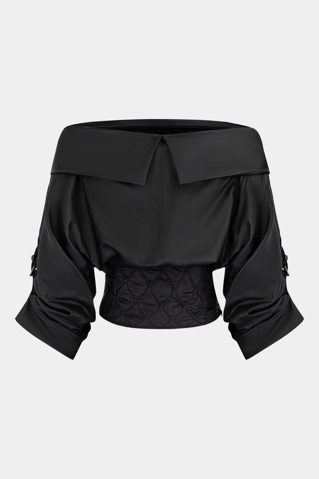 Faux Leather Quilted Patchwork Off Shoulder Long-Sleeve Shirt - Weenar