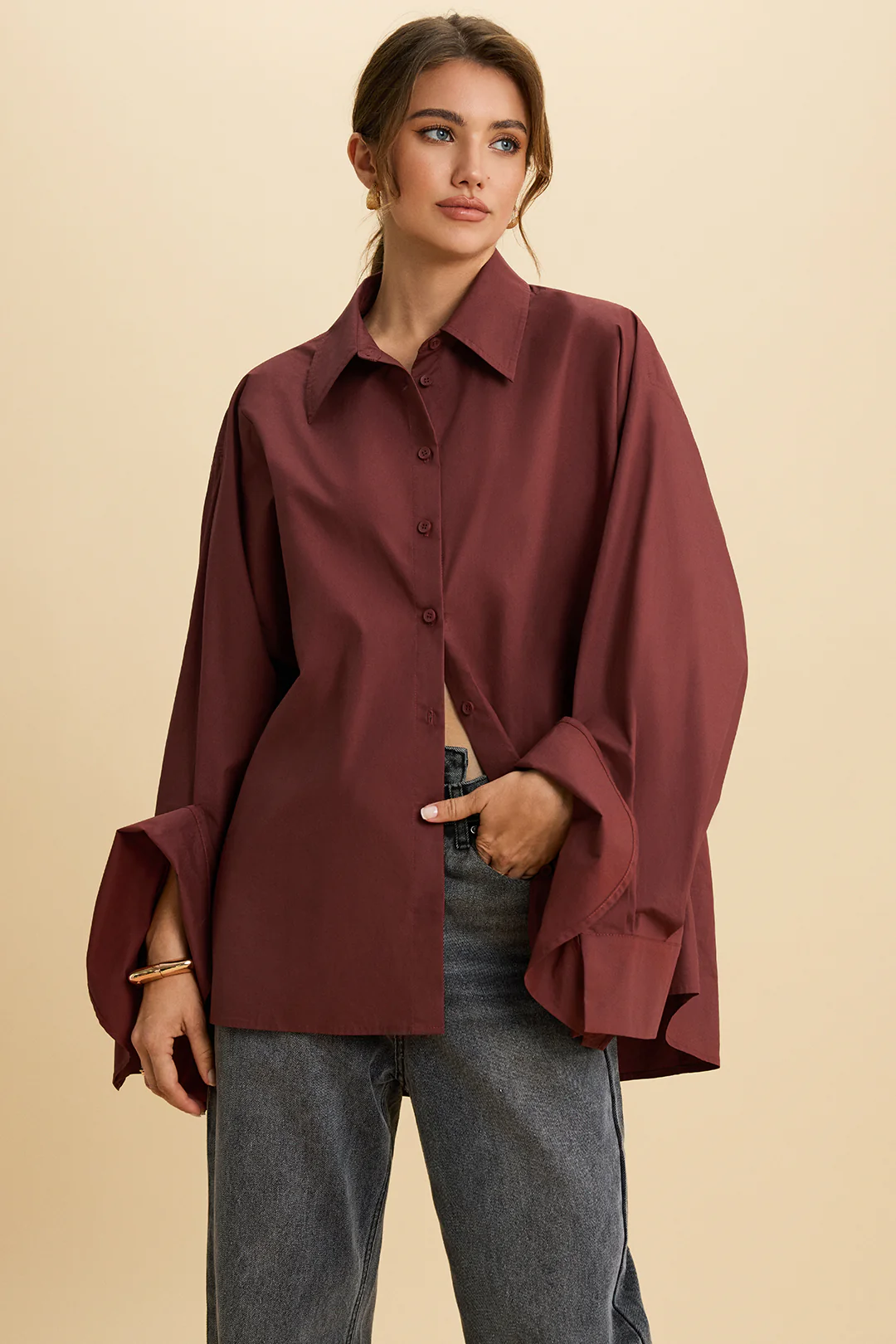 Button Ruffle Long-Sleeve Shirt - Weenar