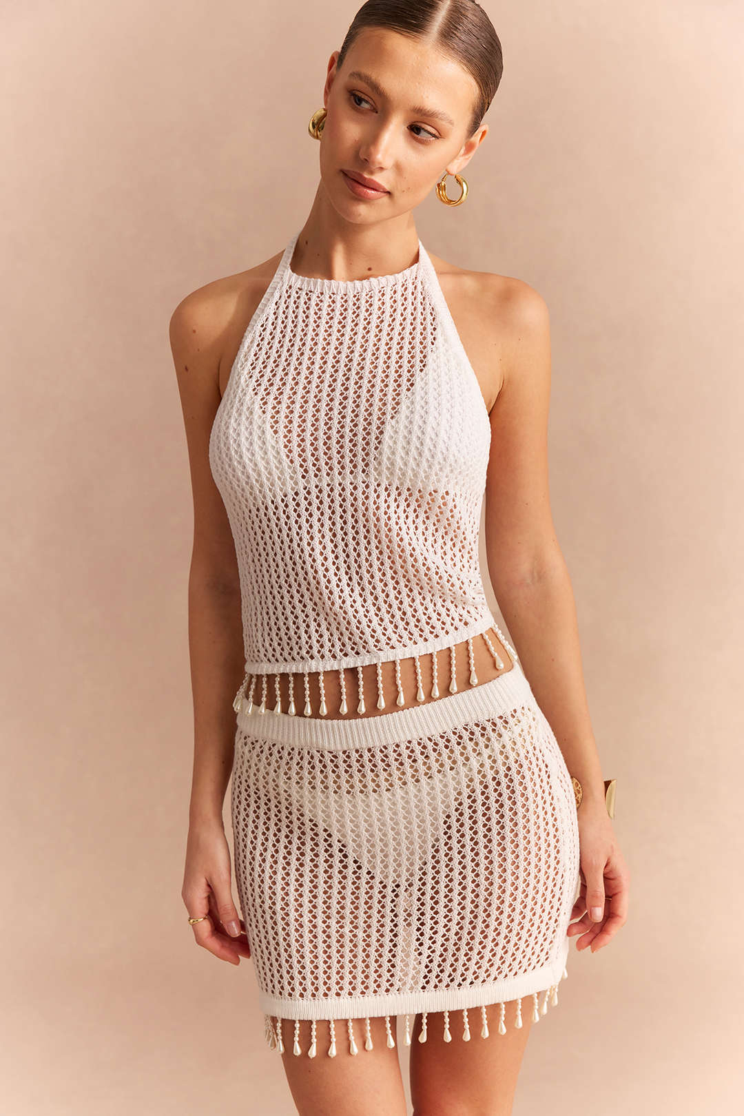 Knit Hollow Out Fringe Halter Tie Back Top And Skirt Set - Weenar