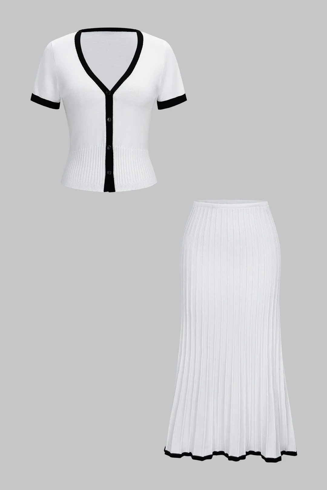 Knit Contrast Binding Ribbed Short-Sleeve And Skirt Set - Weenar