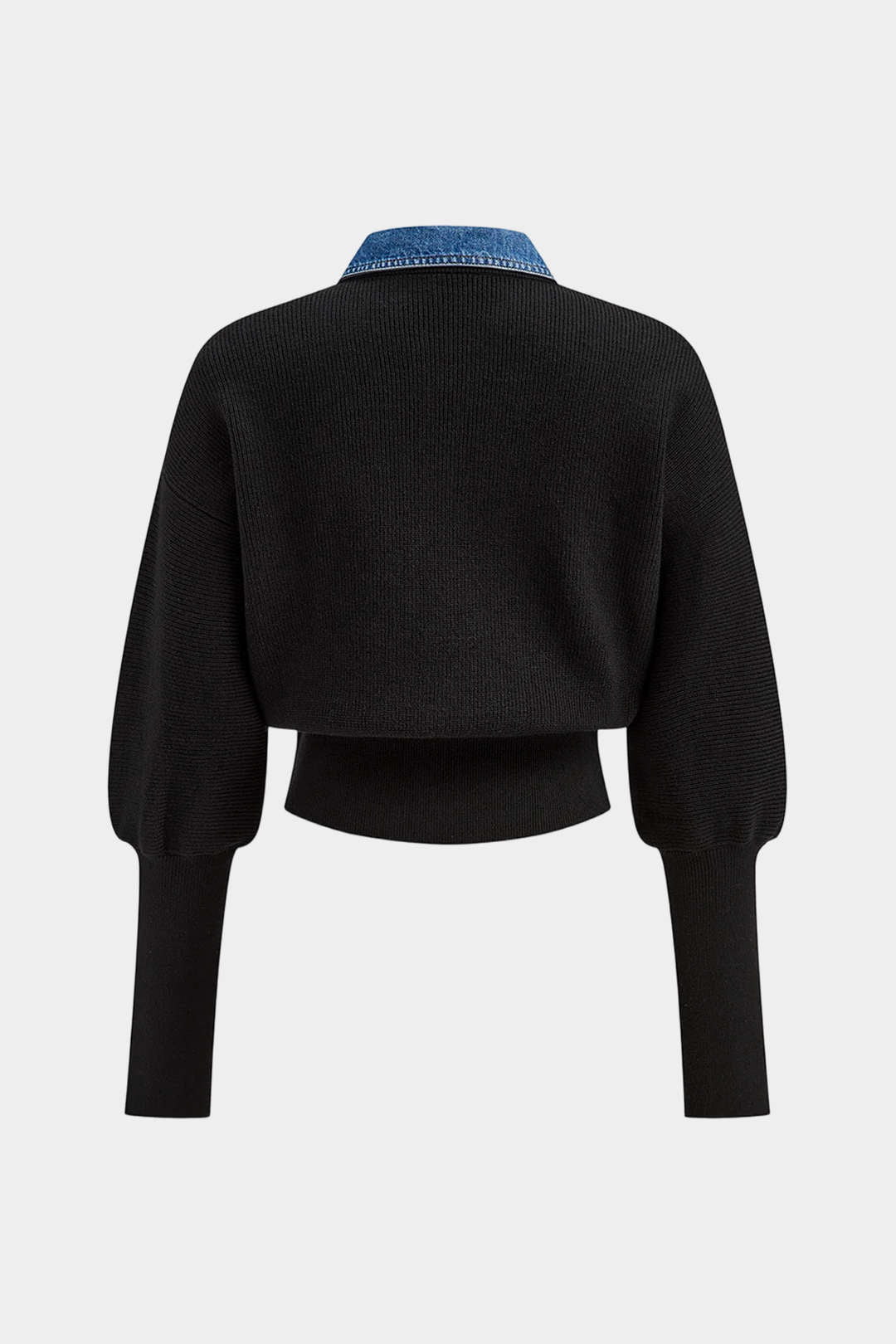Knit Denim Patchwork Button Gigot Long-Sleeve Top - Weenar