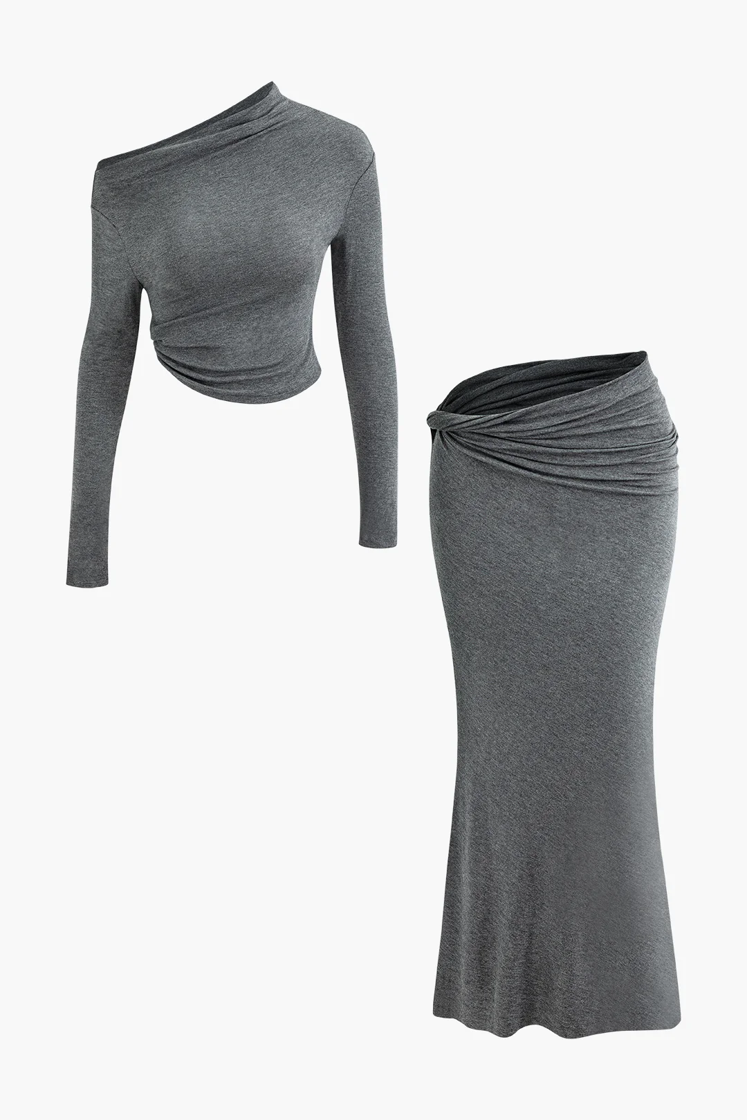 Single Shoulder Ruched Long Sleeve Top And Asymmetrical Skirt Set - Weenar