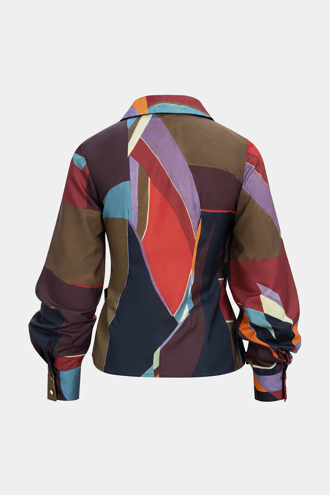 Contrast Geometric Print Button Ruched Long-Sleeve Shirt - Weenar