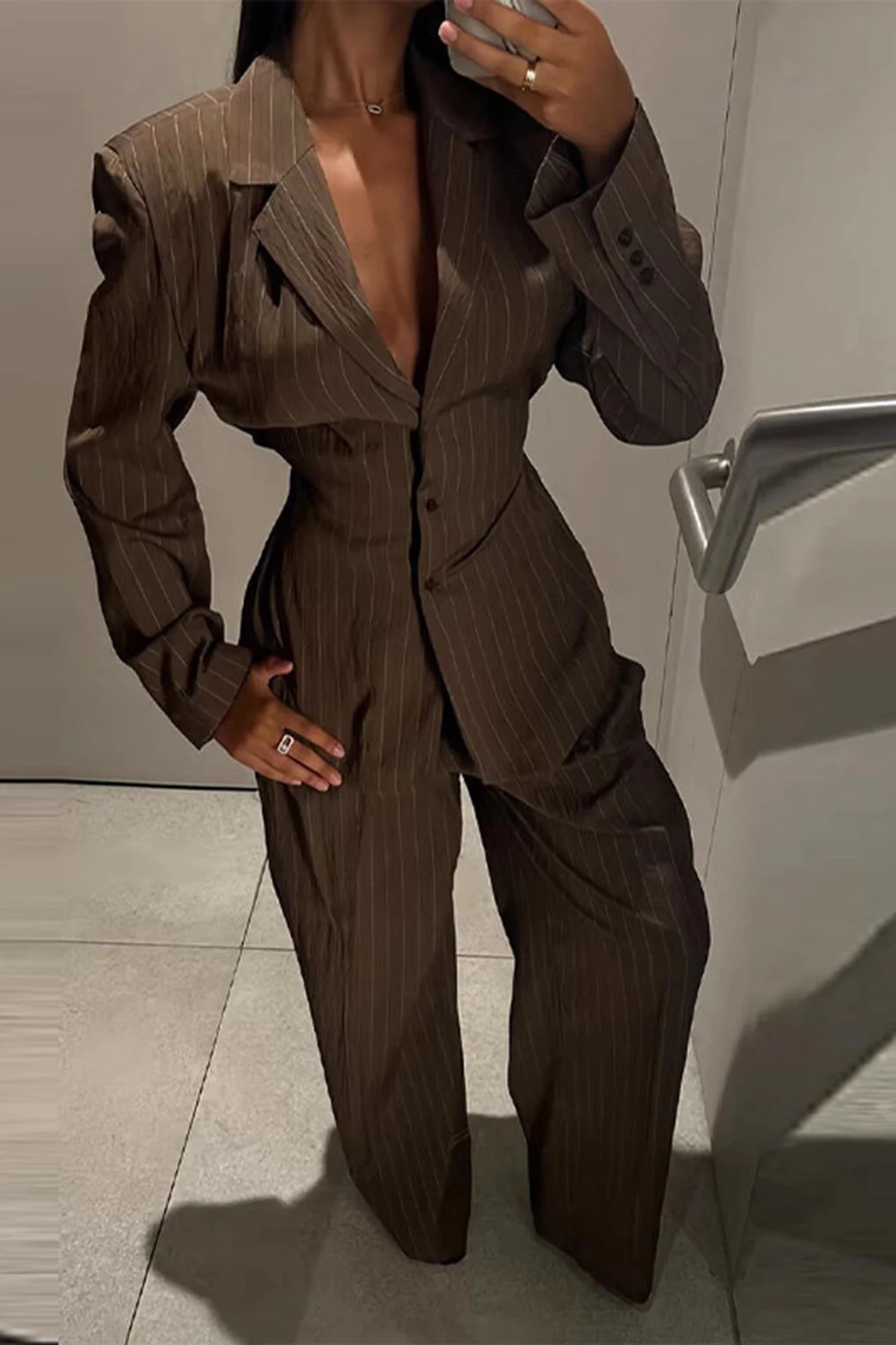Stripes Print Notched Lapel Belted Blazer And Straight Leg Pants Set - Weenar