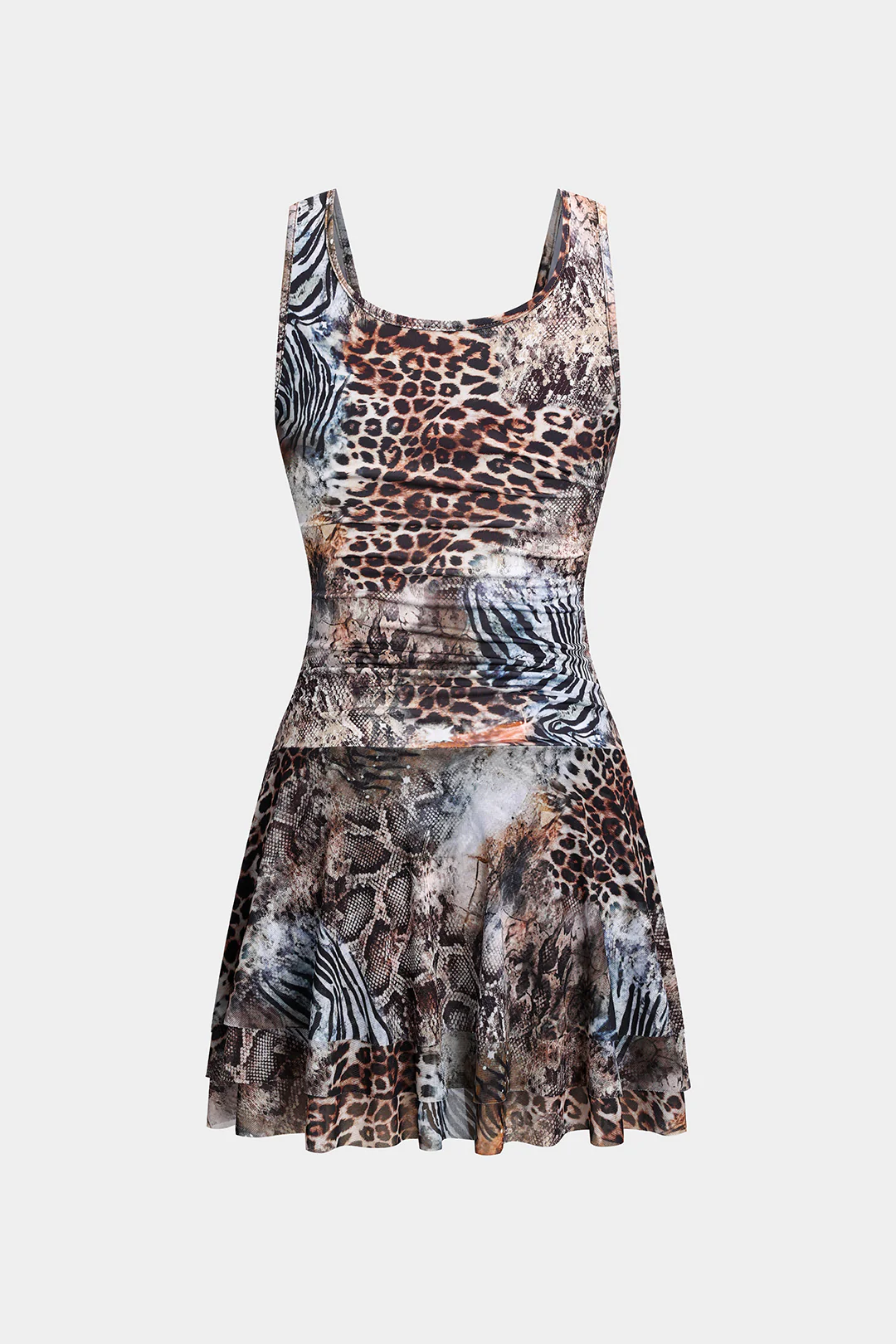 Mesh Leopard Print V-Neck Ruched Sleeveless Mini Dress - Weenar