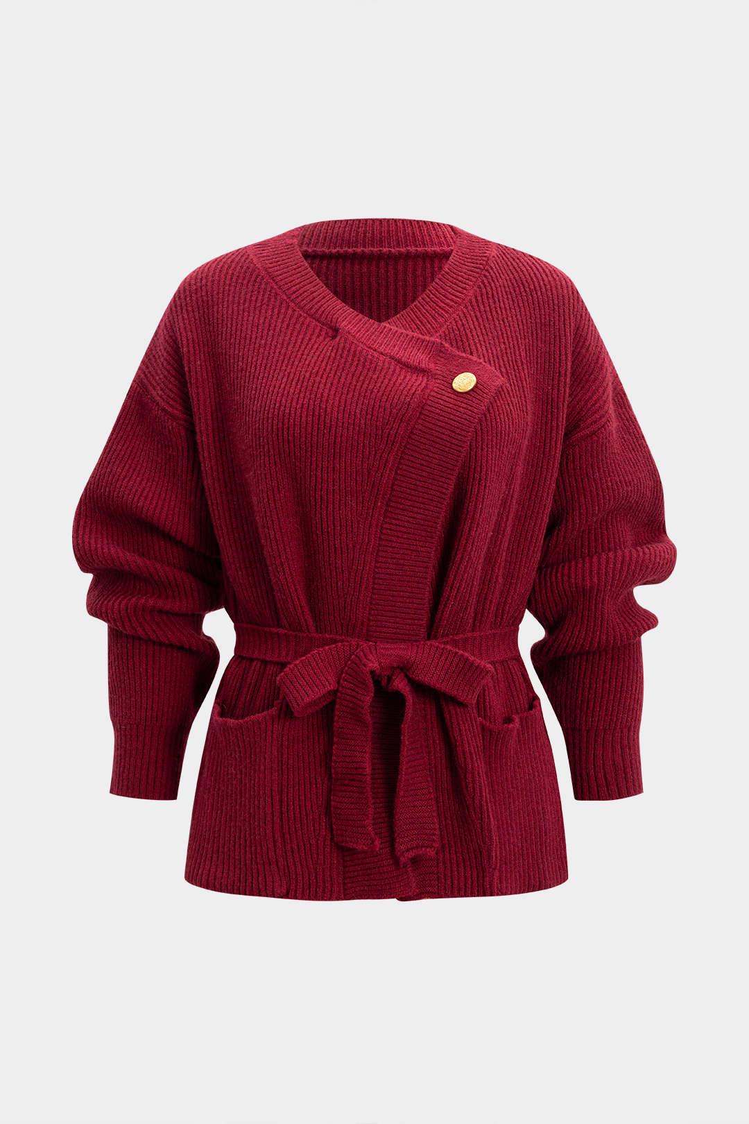 Knit Metallic Button Asymmetrical Tie-Up Pocket Cardigan - Weenar