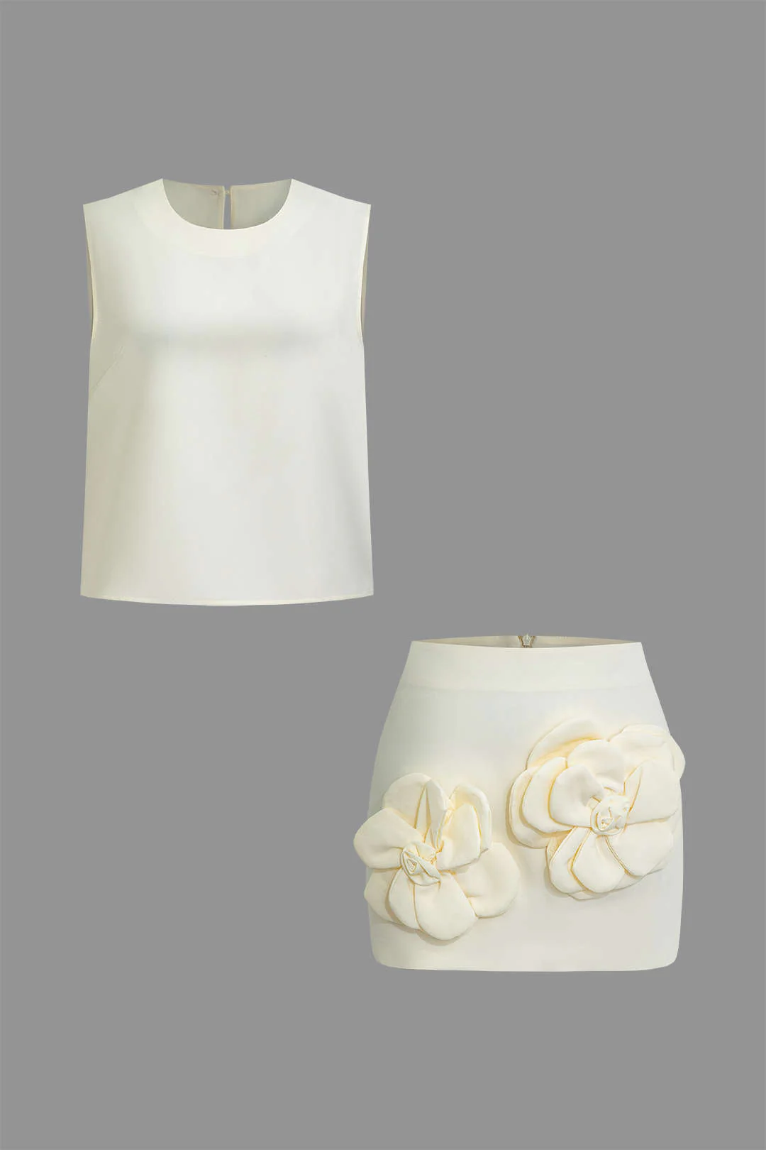 Solid Tank Top And 3D Floral Zipper Mini Skirt Set - Weenar