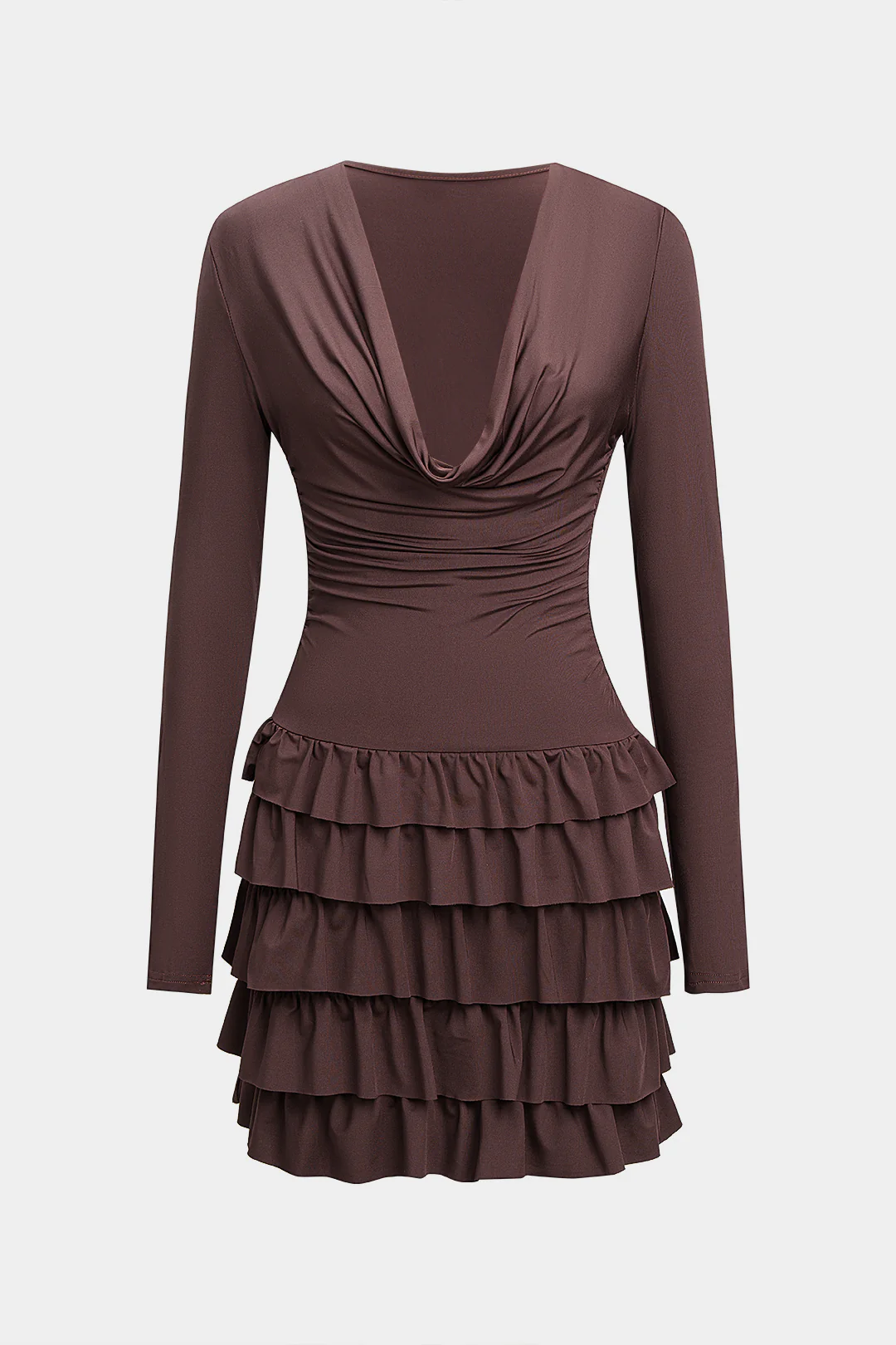 Draped Cowl Neck Ruffle Layered Long Sleeve Mini Dress - Weenar