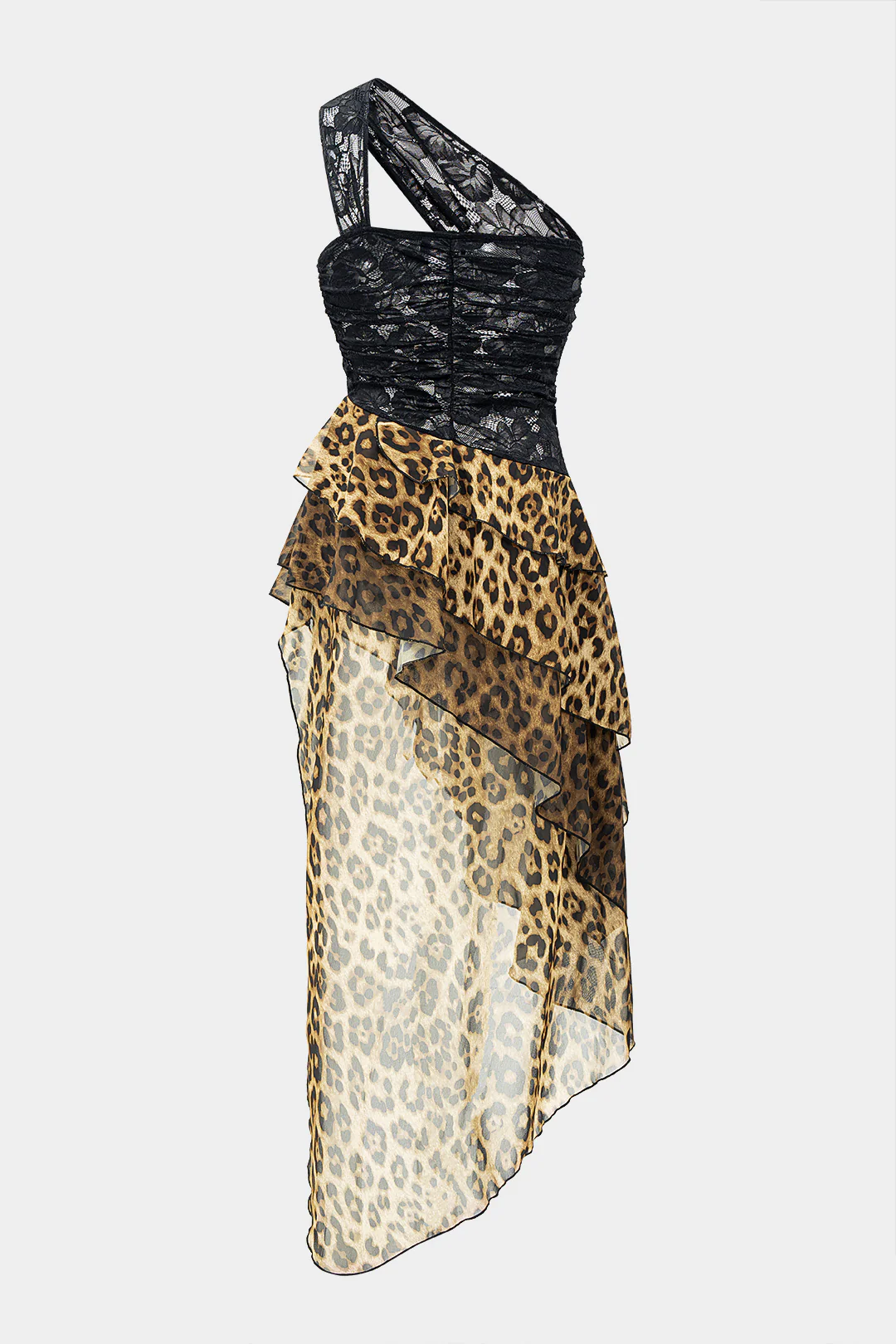 Leopard Print Chiffon Lace Sheer One Shoulder Ruffle Hem Sleeveless Midi Dress - Weenar