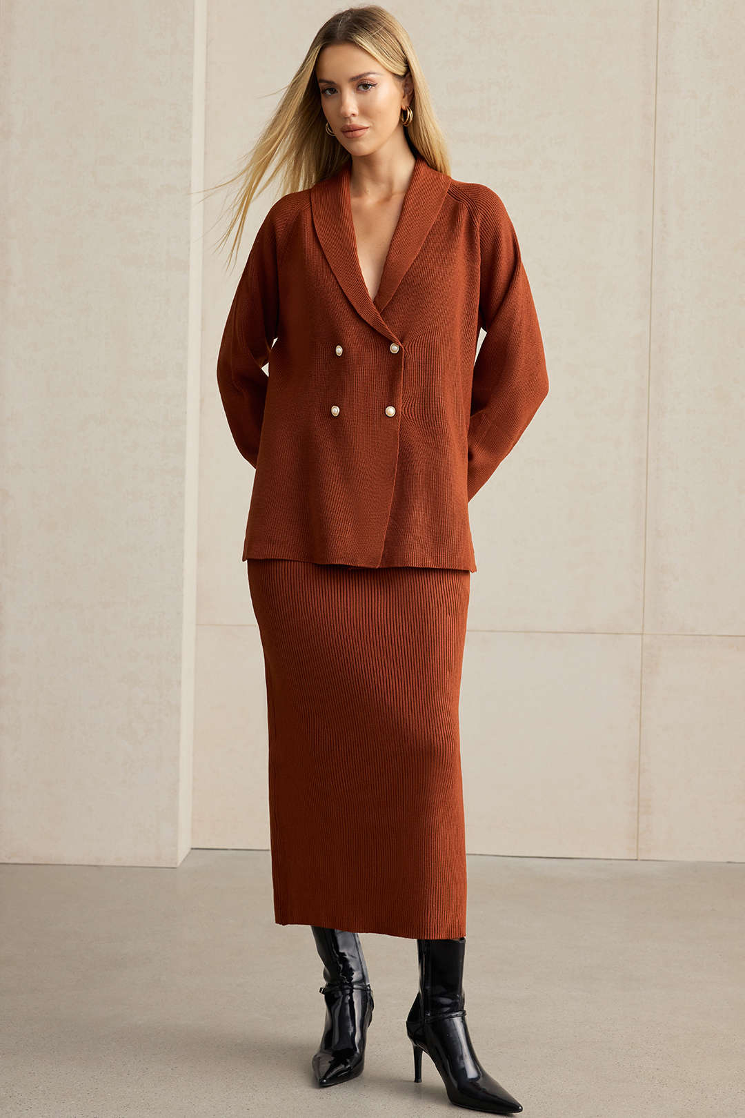 Knit Double-Breasted Lapel Cardigan And Skirt Set - Weenar