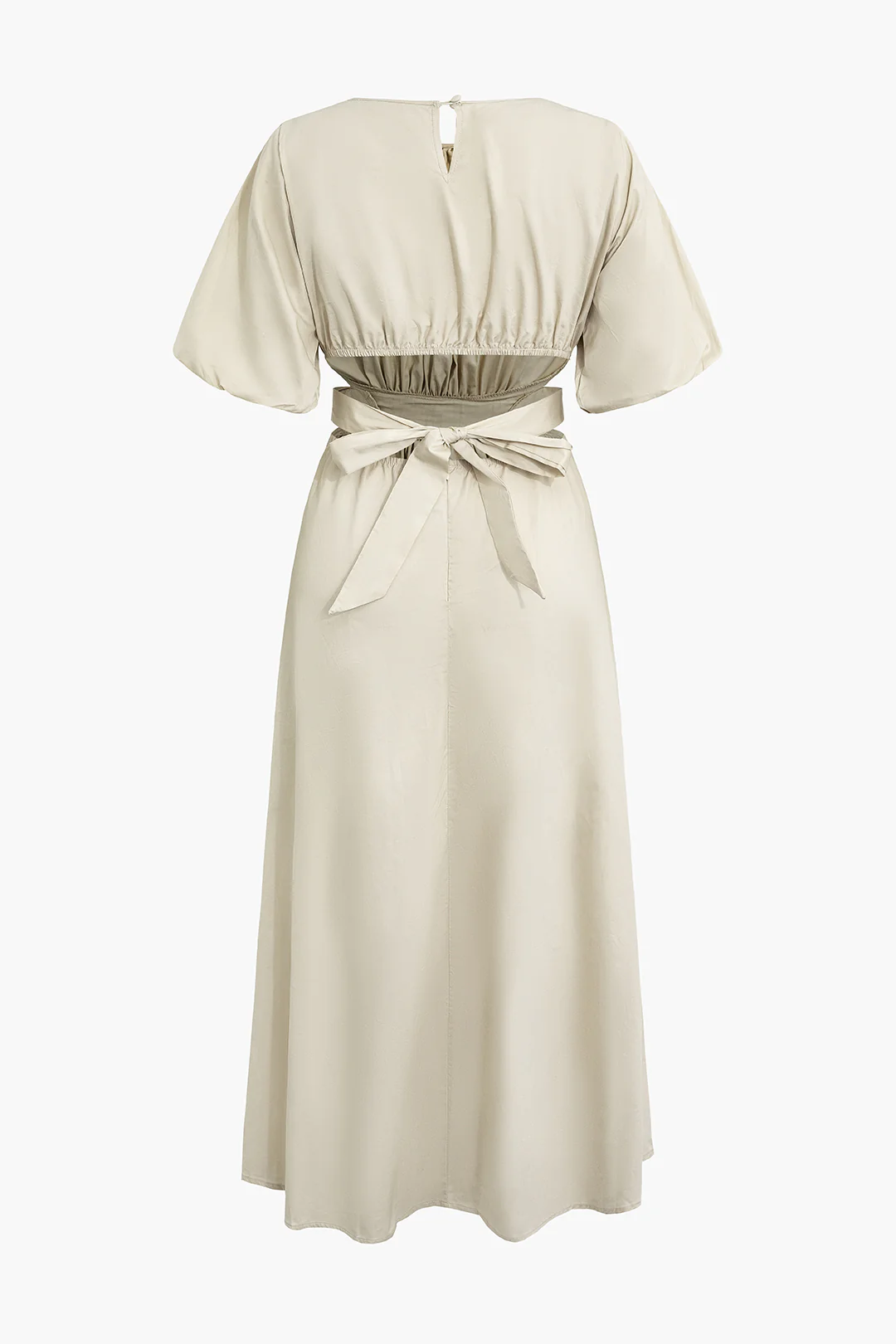 Round Neck Ruched Cut Out Tie Up  Puff Sleeve Midi Dress - Weenar