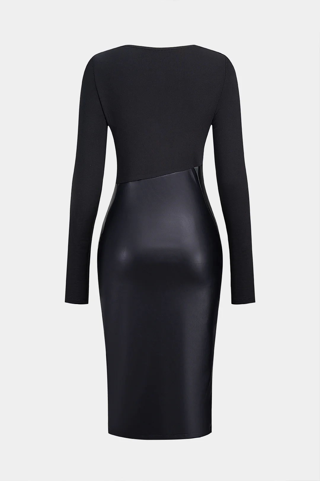 Faux Leather Cowl Neck Zipper Ruched Asymmetrical Long Sleeve Midi Dress - Weenar