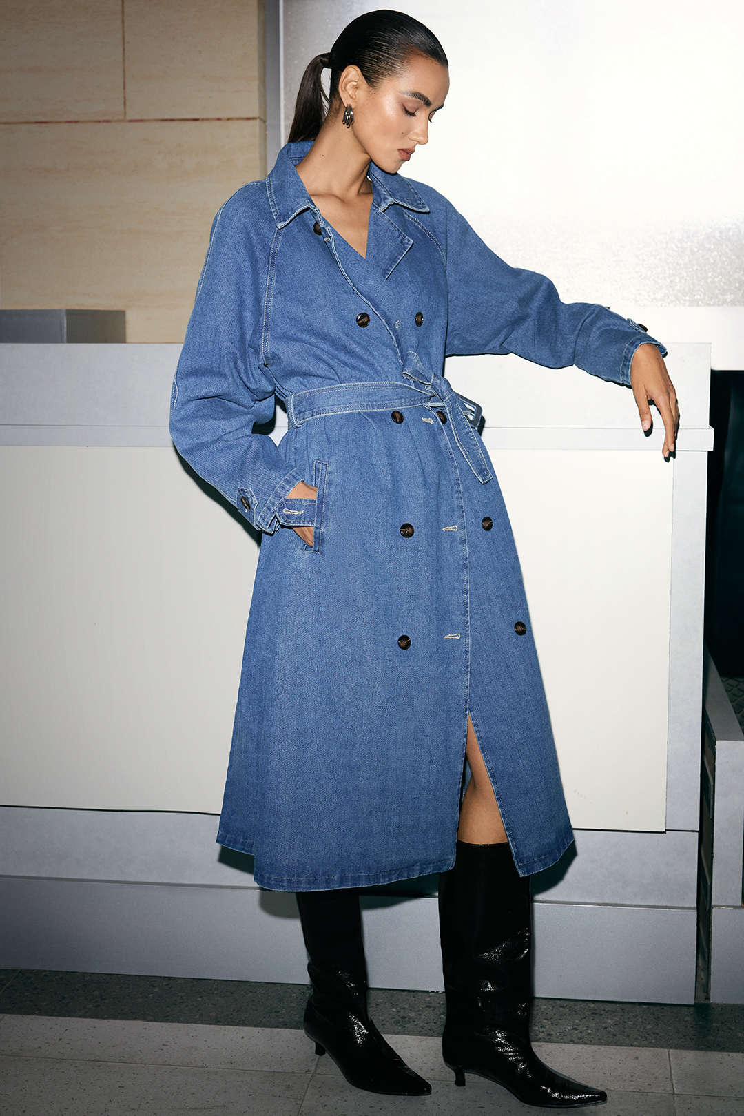 Denim Double-Breasted Belted Mid-Long Outerwear - Weenar