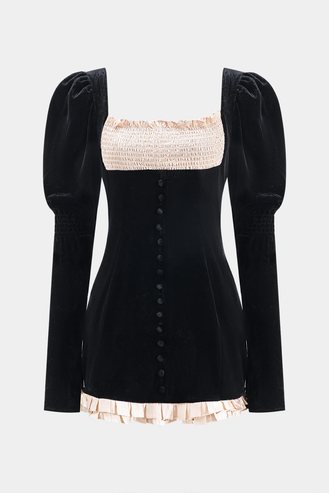 Velvet Patchwork Button Zipper Long Sleeve Mini Dress - Weenar