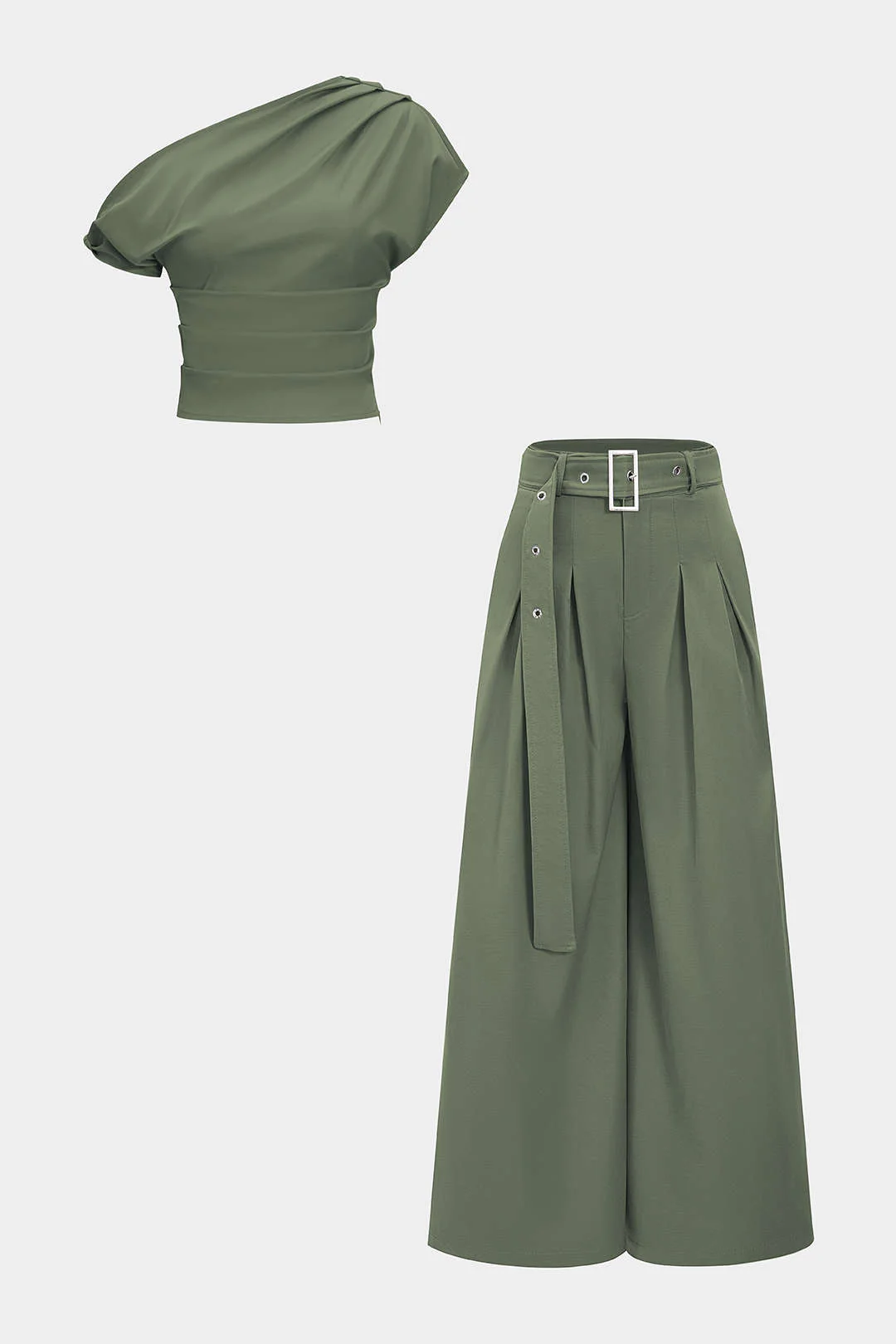 Ruched Asymmetrical Top And Belted Wide Leg Trousers Set - Weenar